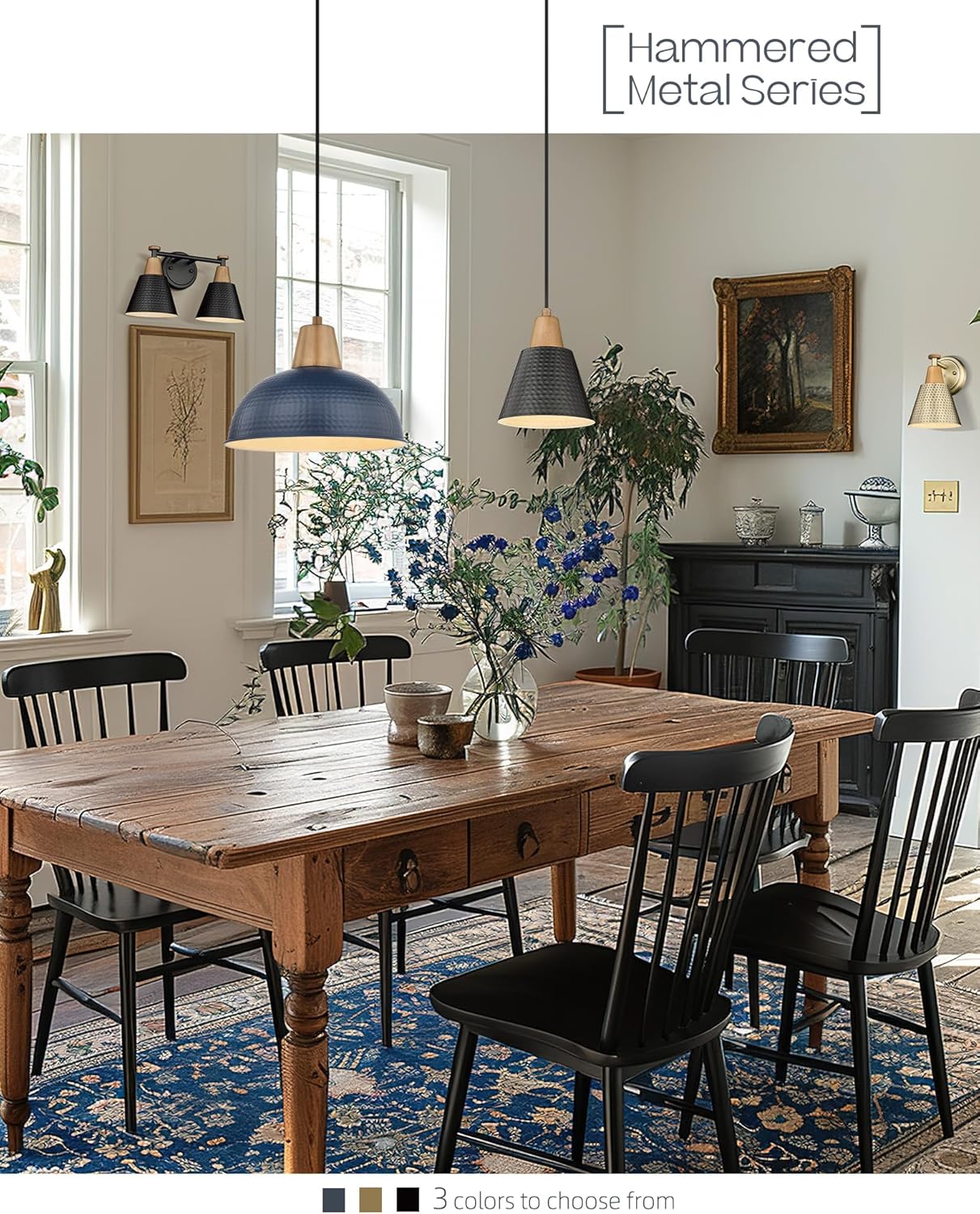 FEMILA Black Bathroom Light Fixtures, 2-Light Bathroom Vanity Lights Over Mirror with Hammered Metal Shade, Modern Wall Sconces Lighting for Kitchen Bedroom Living Room, 4FG59B-2W BK