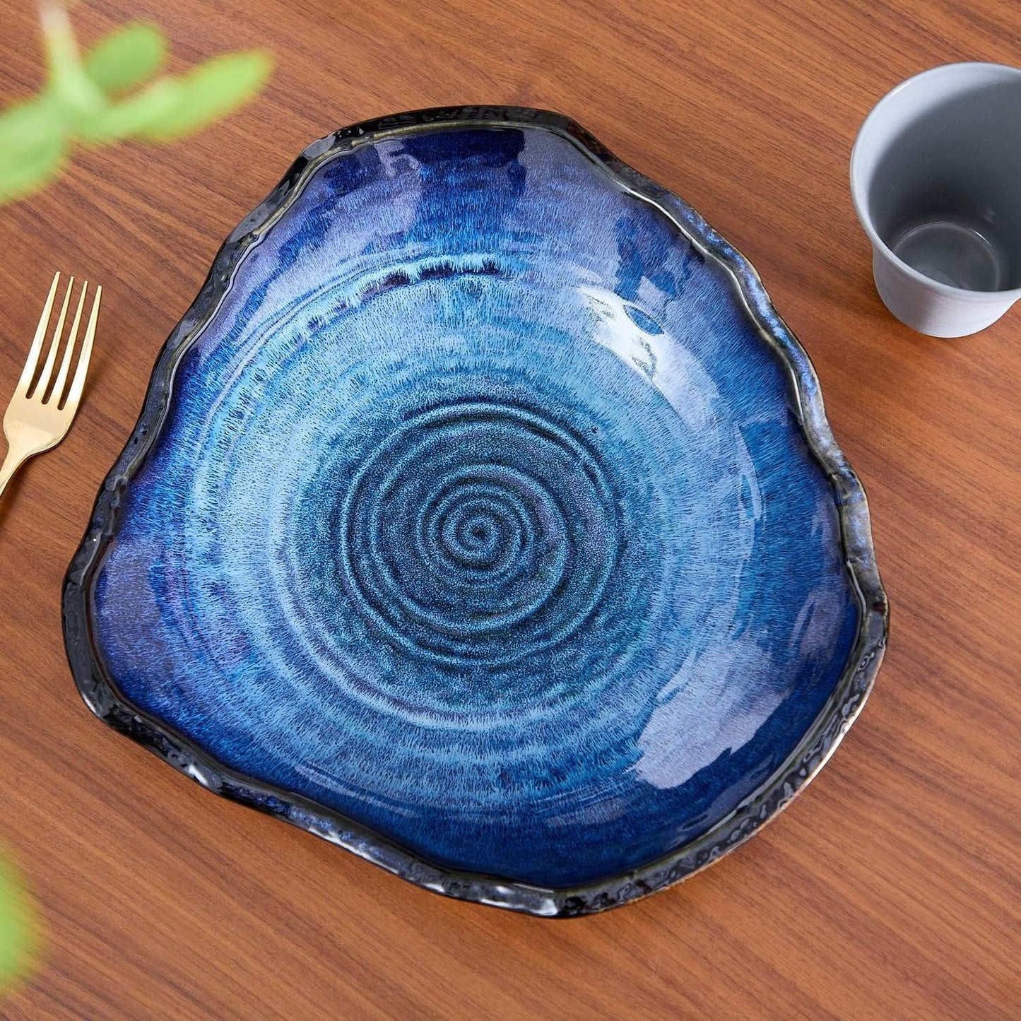 Ceramic Decorative Dish, Large Blue Pottery Decorative Bowl, Porcelain Centerpiece Tray, Key Bowl, Gift Decor Tray for Tabletop Entryway Table Living Room Dining(12'' Dish)