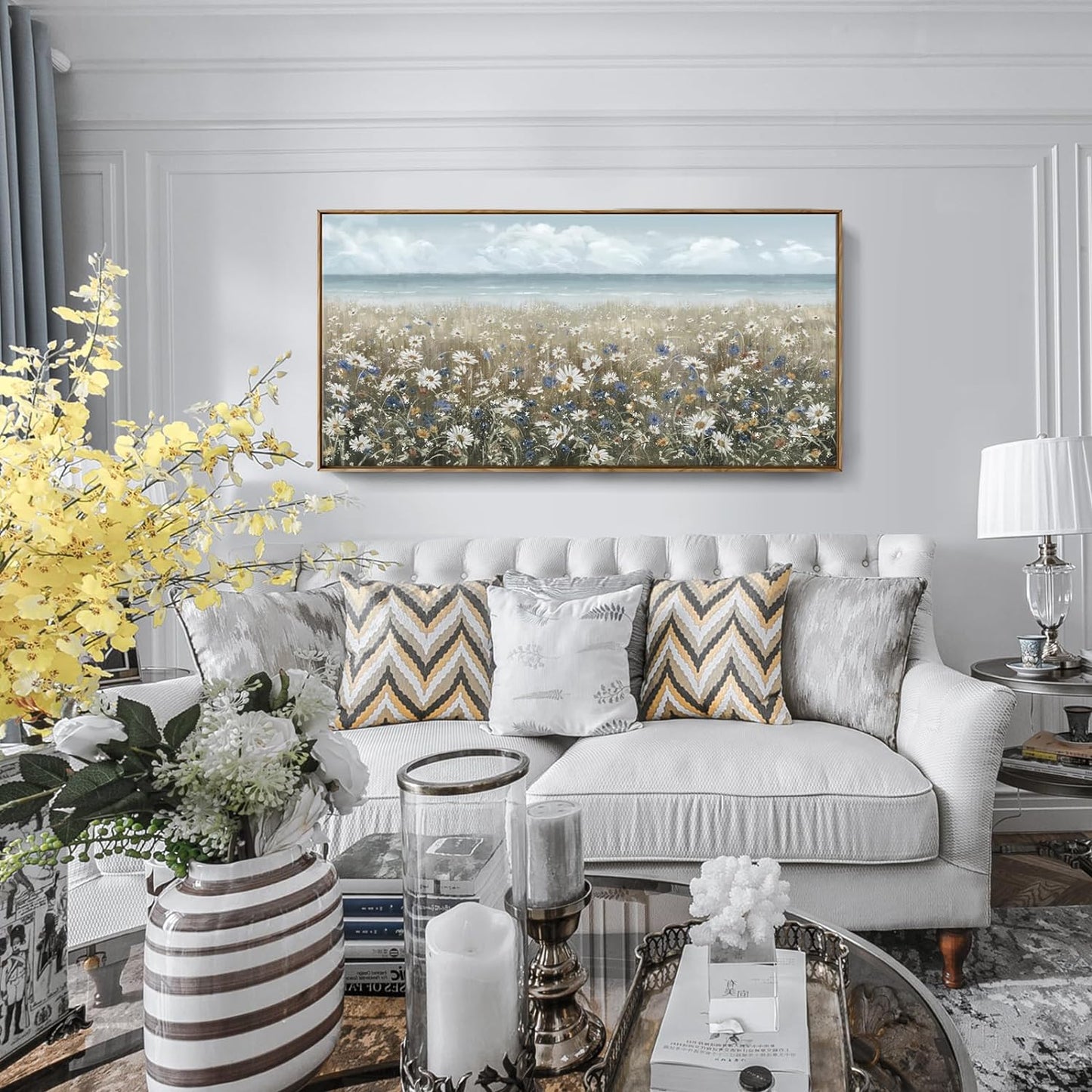 amatop Large Wall Art for Living Room Framed Boho Beach Coastal Floral Ocean Wall Picture Farmhouse Daisy Flower Sea Canvas Print Nautical Neutral Vintage Warm Artwork Home Bedroom Office Decor 48x24