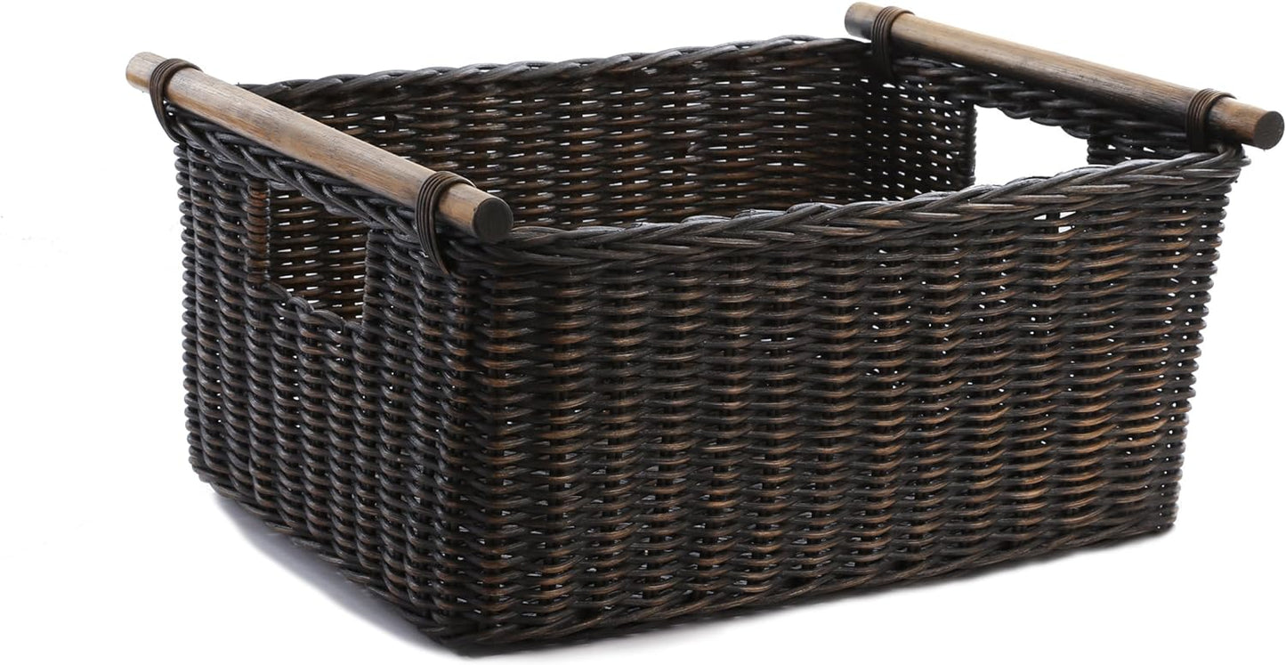 The Basket Lady Pole Handle Wicker Storage Basket, Extra Large, 20 in L x 16 in W x 10 in H, Antique Walnut Brown