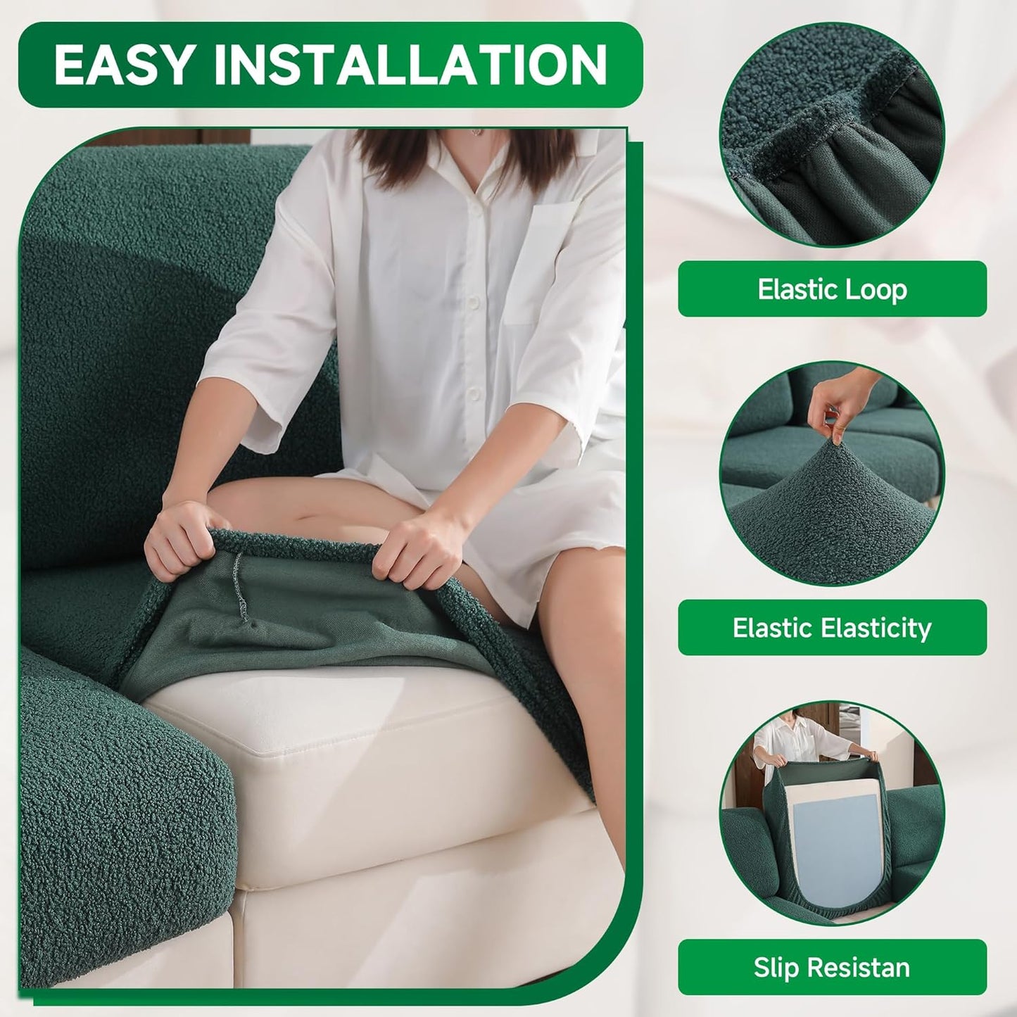 Couch Cushion Covers for Sectional Sofa, Stretch Soft Sofa Slipcovers Washable Wear-Resistant Universal Furniture Protector for Living Room(3 Seaters Covers+1 Chaise Cover, Green)