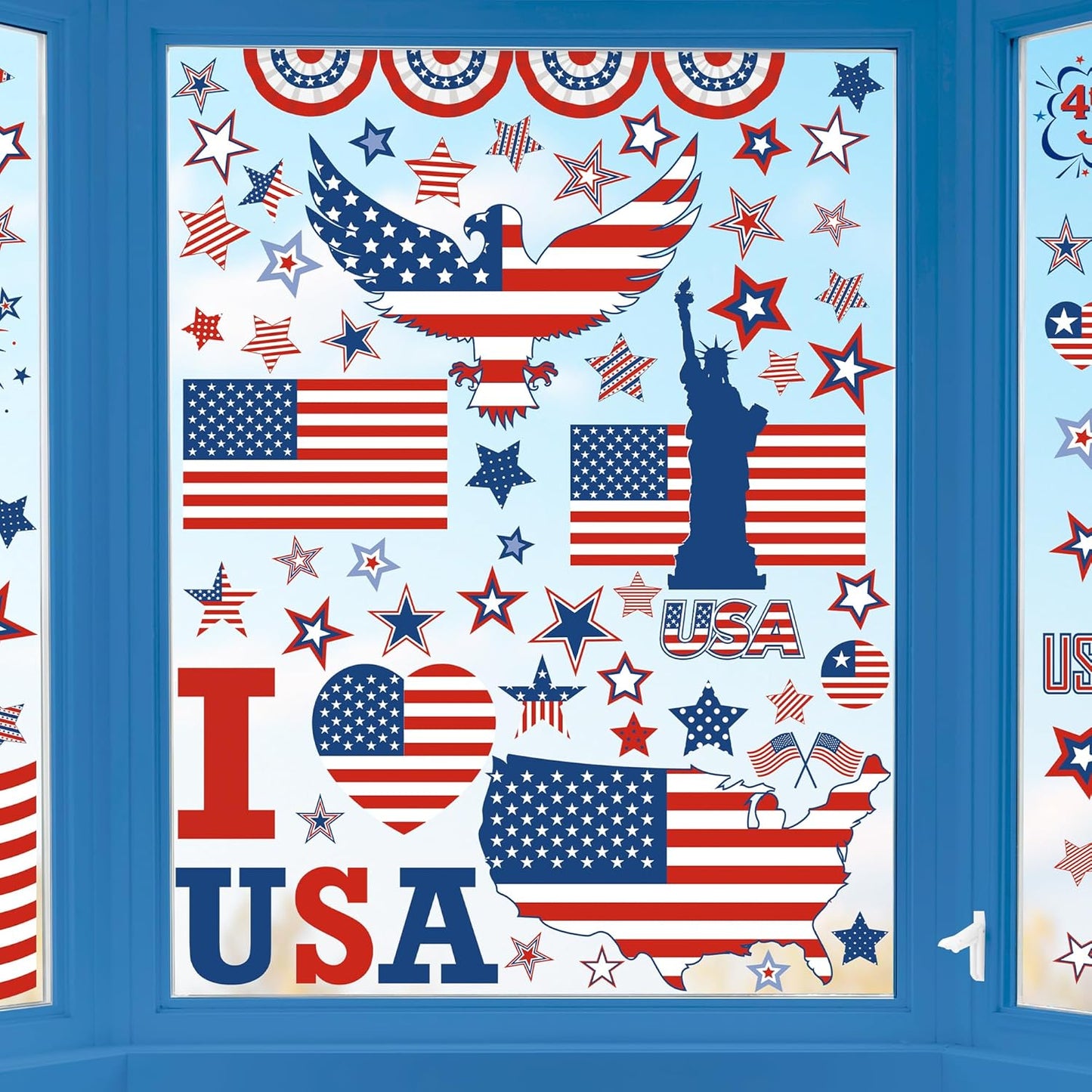 158 Pcs 4th of July Window Clings, 9 Sheets Patriotic Window Clings Decals, Watercolor Double-Sided American Flag Stars Firework Window Stickers for Independence Day Parade Veterans Memorial Day Decor