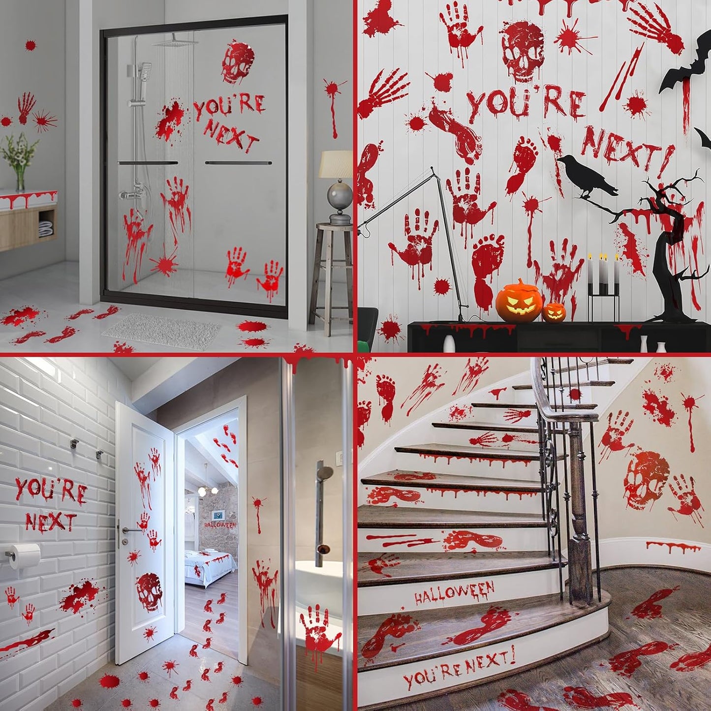 PartyGarden Halloween Decorations - 8 Sheet 86 Pcs Halloween Bloody Handprint Footprint Window Clings Wall Decal Floor Stickers for Inside Outside Home Door Scary Party Décor