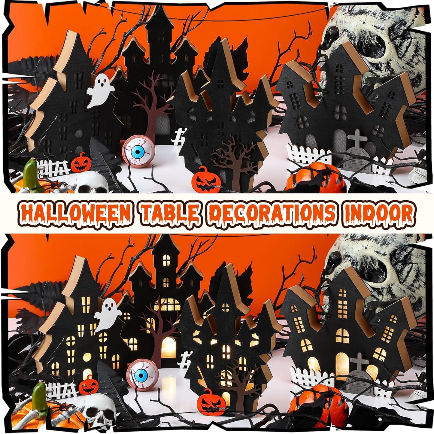 Bucherry 4 Pack Halloween Table Haunted House Decor Lighted Wooden Village Ghost House 3D Tabletop Decorations for Halloween Indoor Home Kitchen Desk Gift(Classic Style)