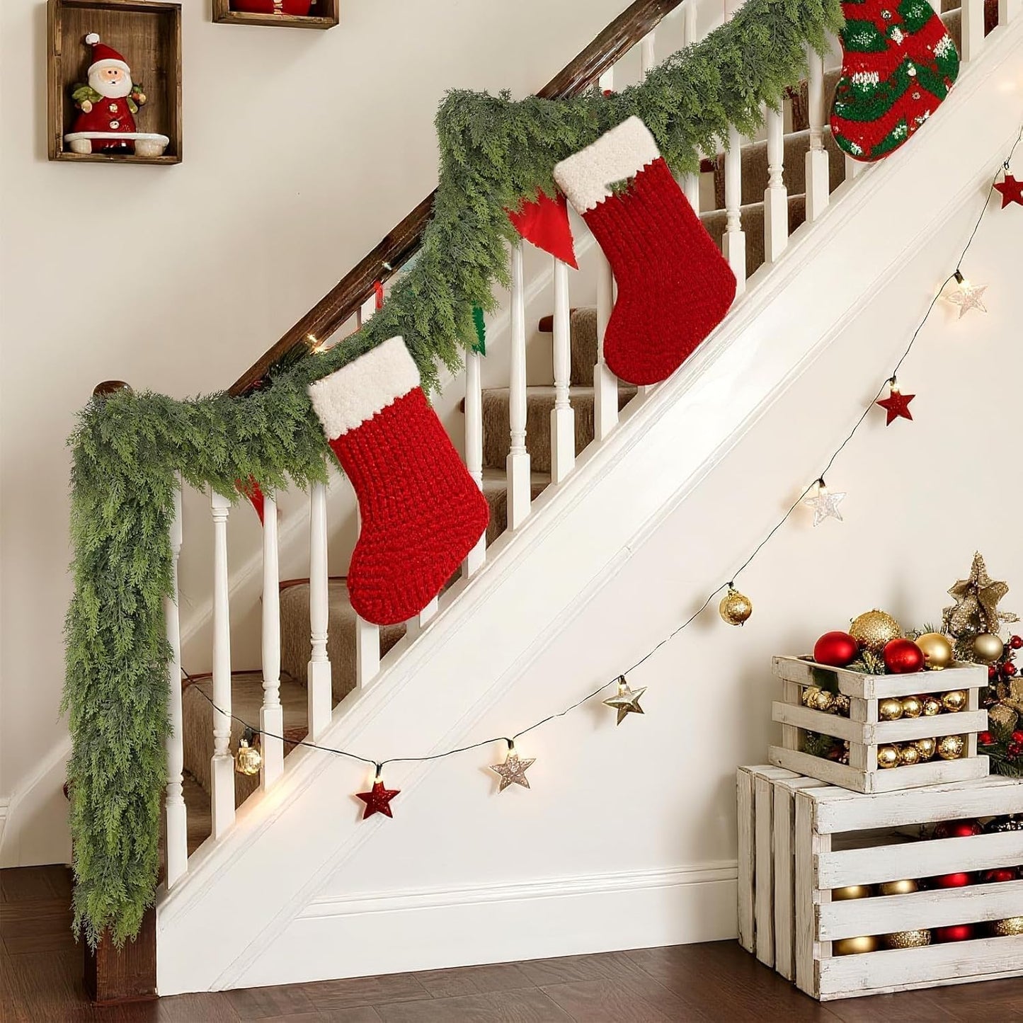 Real Touch Christmas Cedar Garland -6ft Artificial Garlands Faux Cedar Fake Pine Needles Garland for Fireplace,Table,Window,Stairs,Mante,Holiday Indoor Outdoor Xmas Decor(2PCS)