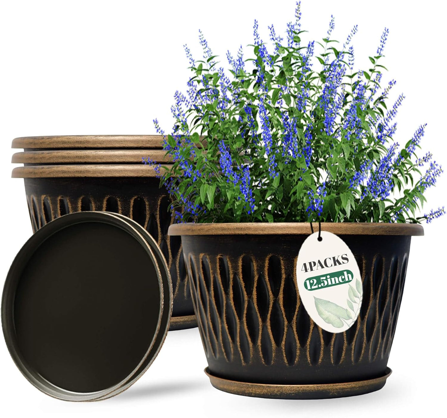 4 Pack 12 Inch Retro Plant Pots, Vintage Striped Flower Pots with Drainage Hole & Saucer, Large Plastic Planters for Indoor and Outdoor Plants, Decorative Garden Pots(Gold)