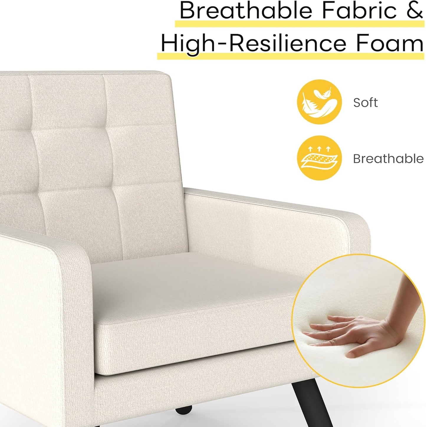 Kromax Mid-Century Modern Accent Chair for Living Room, 496 Lb. Weight Capacity, Dual Armrests, Comfy Extra Large Seat, Timeless Style Perfect for Reading & Relaxing, Beige