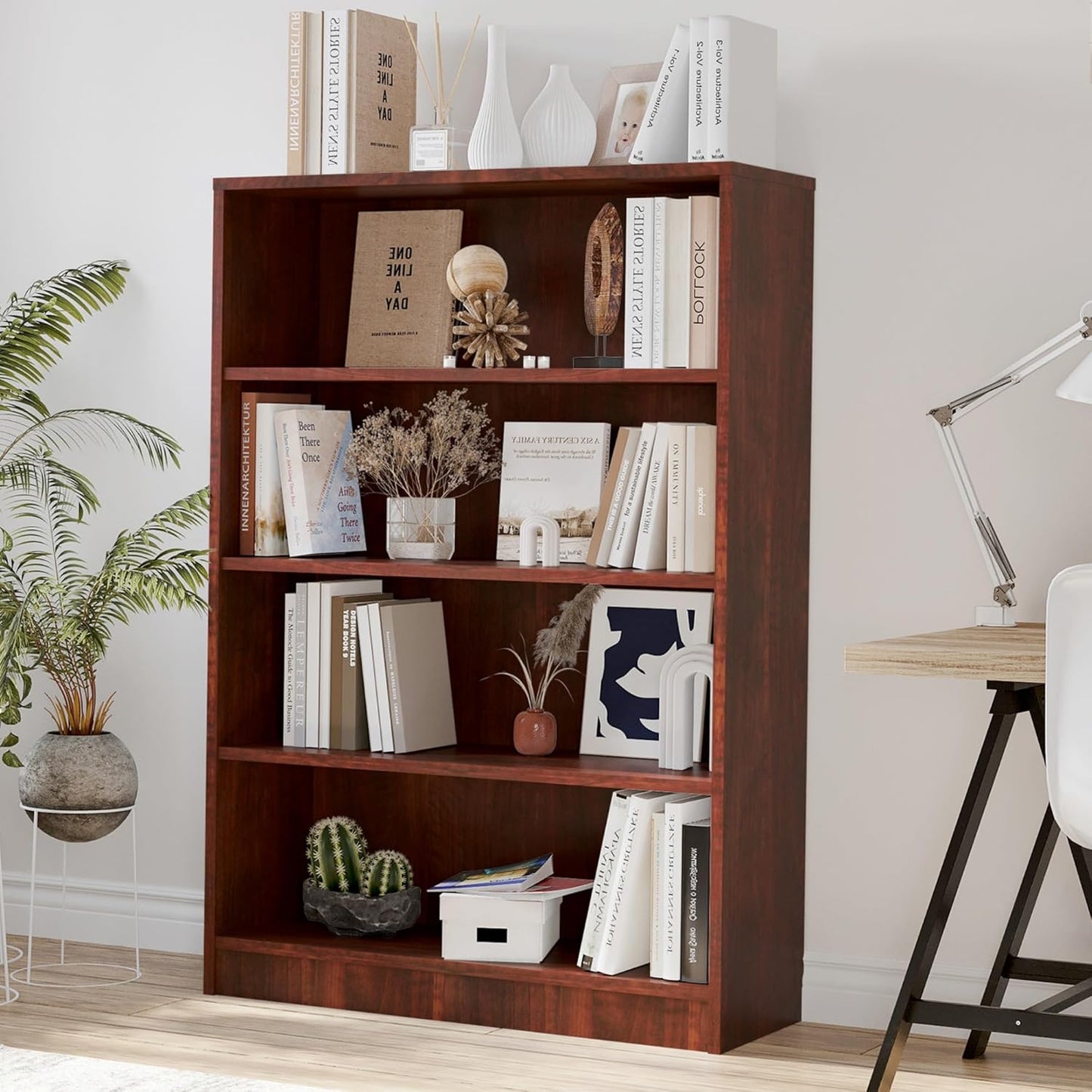 Bookshelf, Open Modern Bookshelf, 4 Shelf Bookcase with Freestanding Display Storage, Wooden Book Shelf for Bedroom, Living Room, Dinning Room, Office, 48 Inch, Brown