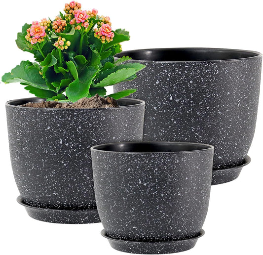 Large Flower Pots 12/10/9 inch, Set of 3 Modern Decorative Plastic Planters with Drainage Holes and Saucers for Garden House Plants, Plant Pots for Indoor Outdoor Plants, Speckled White