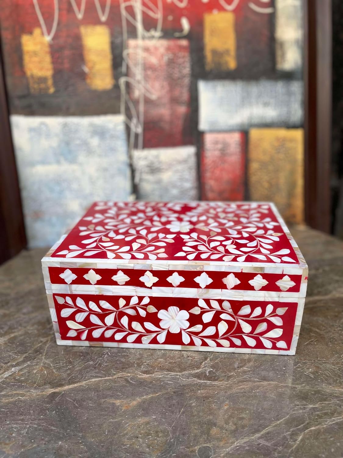 Decorative Storage Box Of Mother Of Pearl Inlay Floral Design Wooden Storage Box For Home Decoration For Living Dining & Bedroom (Red_9x6x3.5 inch)