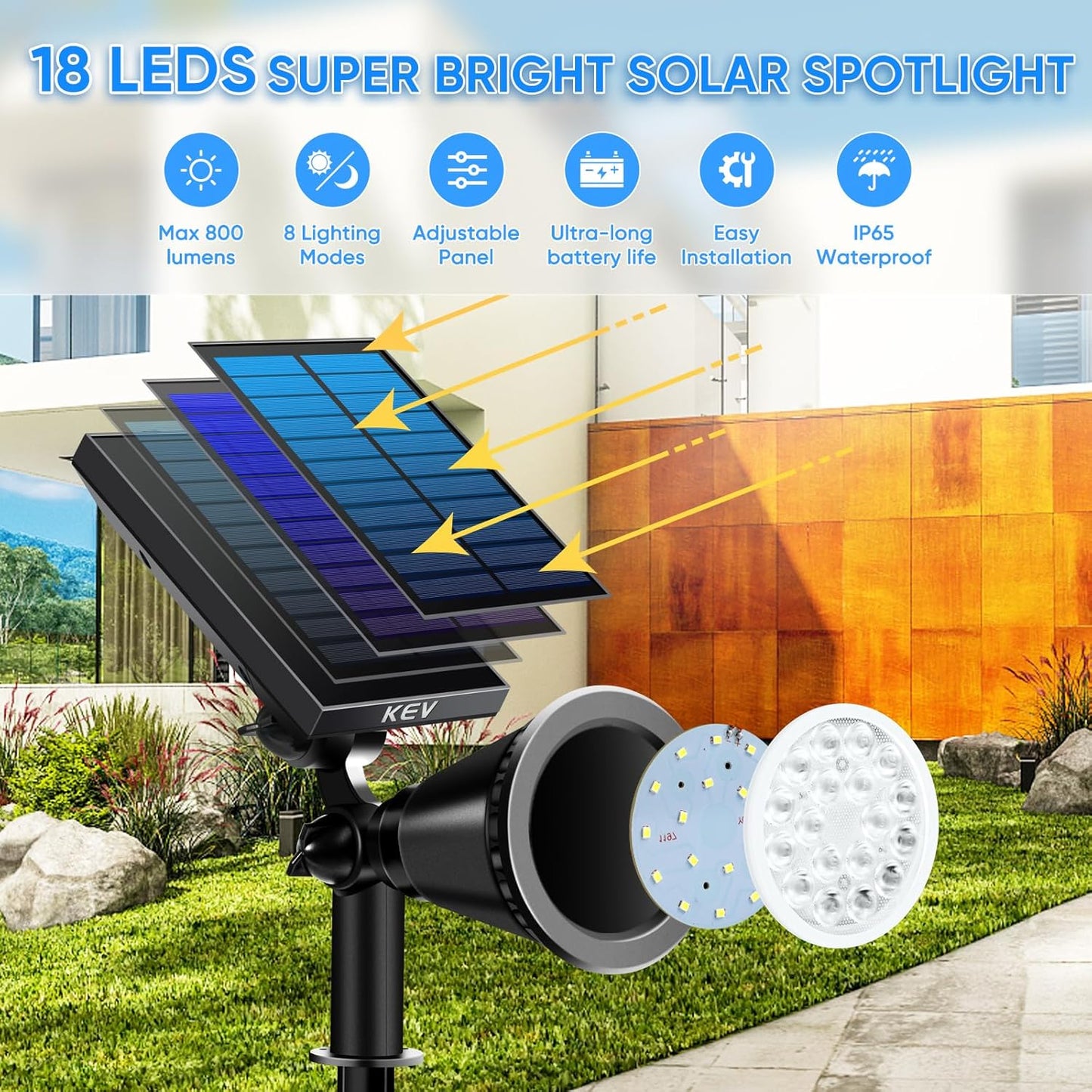KEV 800 Lumens Solar Spot Lights Outdoor,18 LEDs Solar Flood Lights with 2 Modes &Adjustable &IPX65 Waterproof,Solar Spotlight for Driveway/Backyard/Patio Landscape/Tree/Garage(Warm White,2 Pack)
