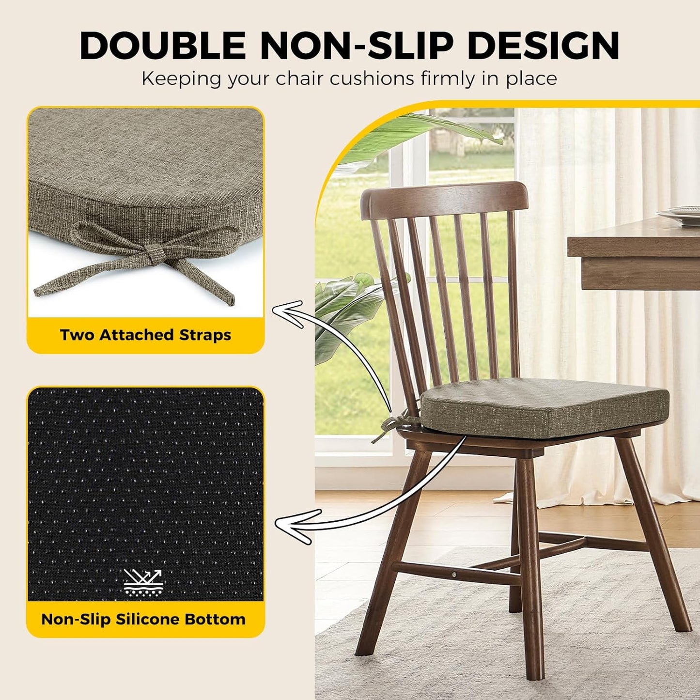downluxe Indoor Chair Cushions for Dining Chairs, Soft and Comfortable Textured Foam Kitchen Chair Pads with Ties and Non-Slip Backing, 16" x 16" x 2", Khaki, 6 Pack