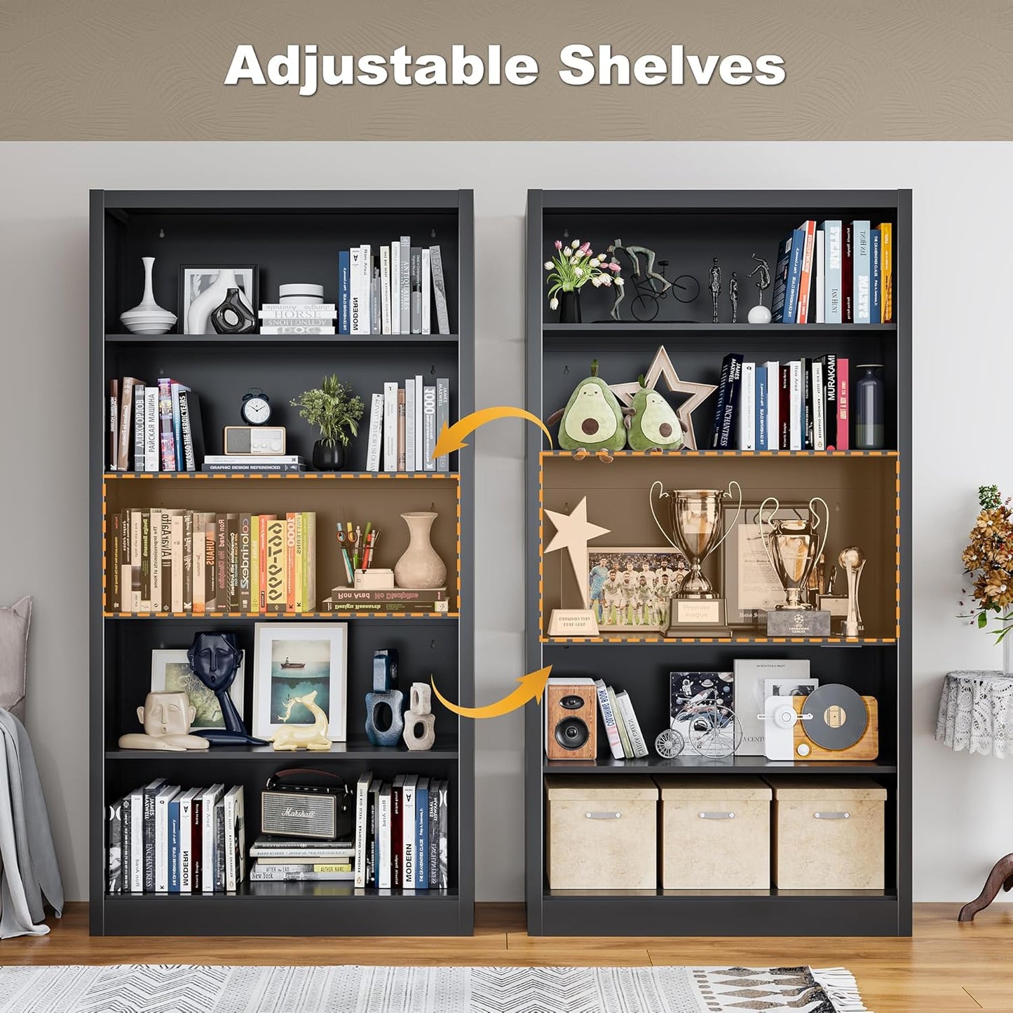 Book Shelf, 14" Deep Bookshelves Cases for Books, Garage Kit, CDs, 66" Tall Bookcase for Home Office Library Living Room, 5 Tier Bookshelf with Adjustable Shelves, Black Book Cases