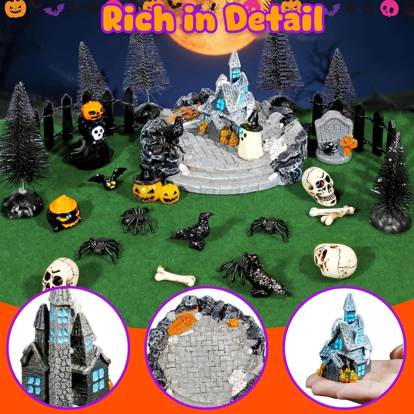 Hiawbon 30PCS Halloween Mini Village Set, Village Ornaments Miniature Decorations, Resin Miniature Spider Coffin Spiders Pine Trees Fence for Halloween Decor