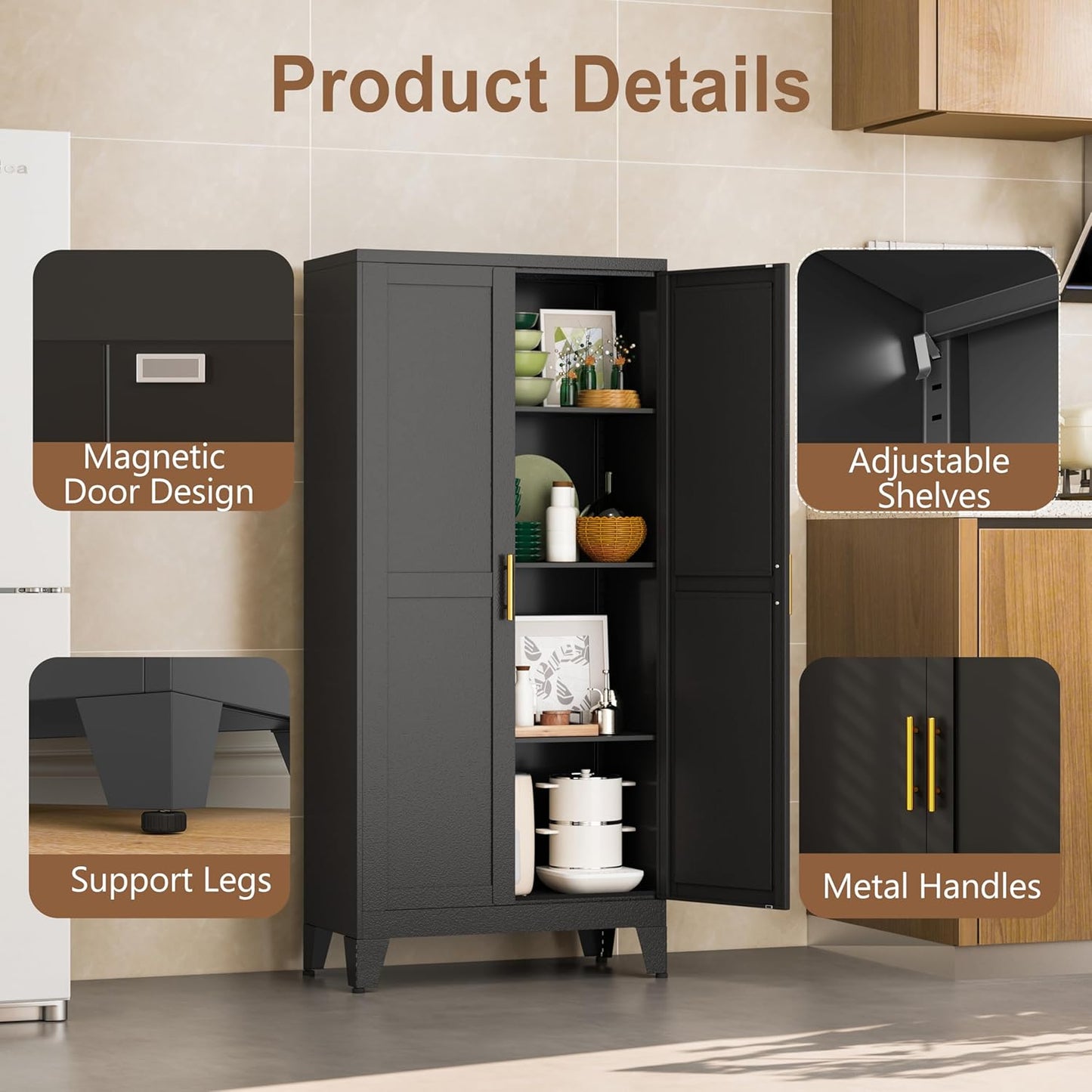 Metal Kitchen Pantry Storage Cabinet with 2 Doors and 3 Adjustable Shelves,Pantry Cabinet with Adjustable Leveling Foot for Kitchen, Living Room, Dining Room（Black）