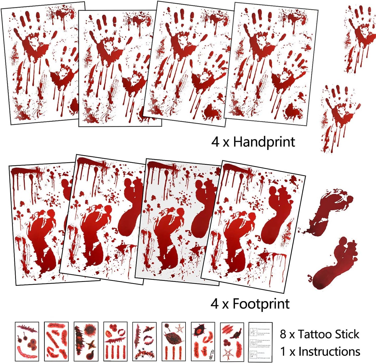 159 PCS Halloween Decorations, 8 Sheets Terror Bloody Handprint Footprint Window Stickers, 8 Sheets Tattoo Stickers, Halloween Party Indoor/Outdoor Decoration,Spooky Wall Decal and Floor Stickers