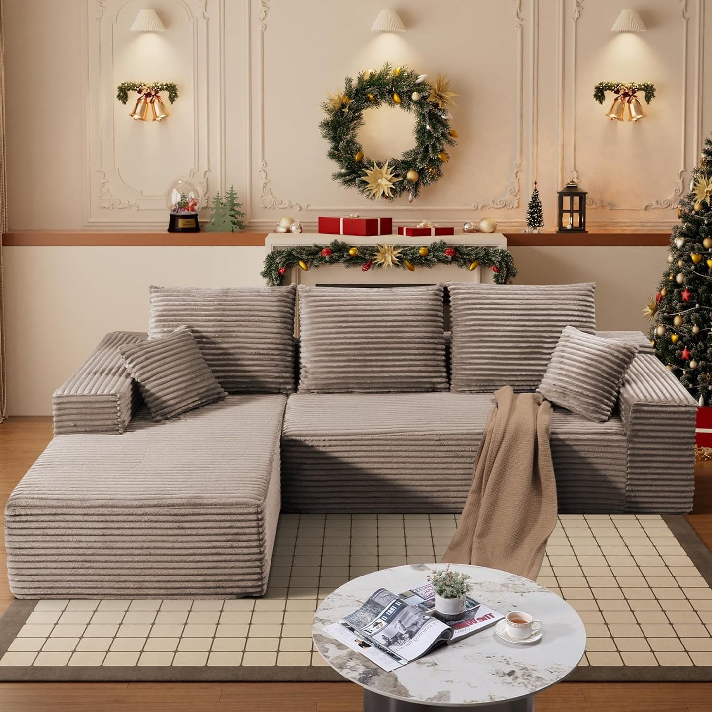 HYJT-H&K Modular Sectional Sofa Cloud Couch, 107" Comfy L Shaped Sectional Couches for Living Room, Deep Seat Memory Foam Plush Fluffy Corduroy Boneless Couch Sectionals Left Facing Sofa Chaise Brown