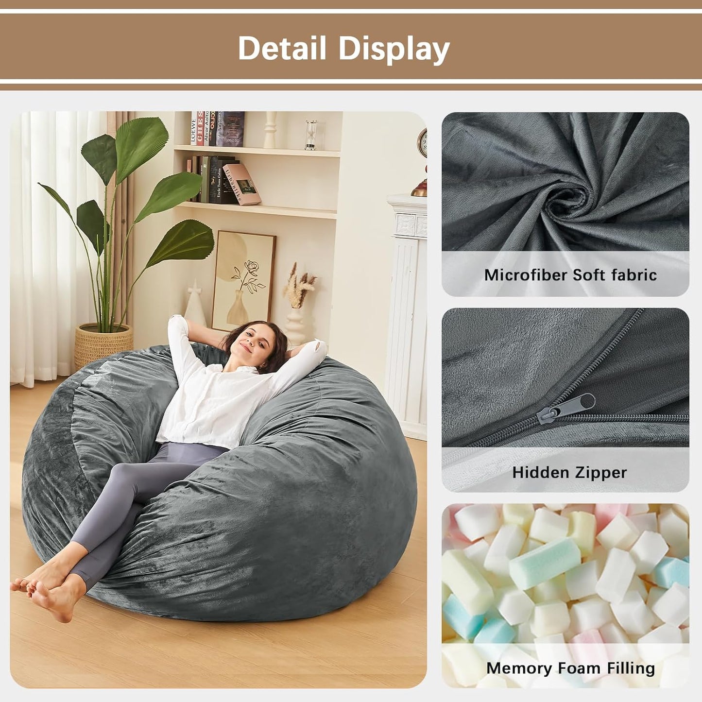 Bean Bag Chairs for Adults - Memory Foam Furniture BeanBag Chair - Kids/Teens Sofa with Soft Micro Fiber Cover - Round Fluffy Couch for Living Room Bedroom College Dorm - 4.5 ft, Gray Stripe