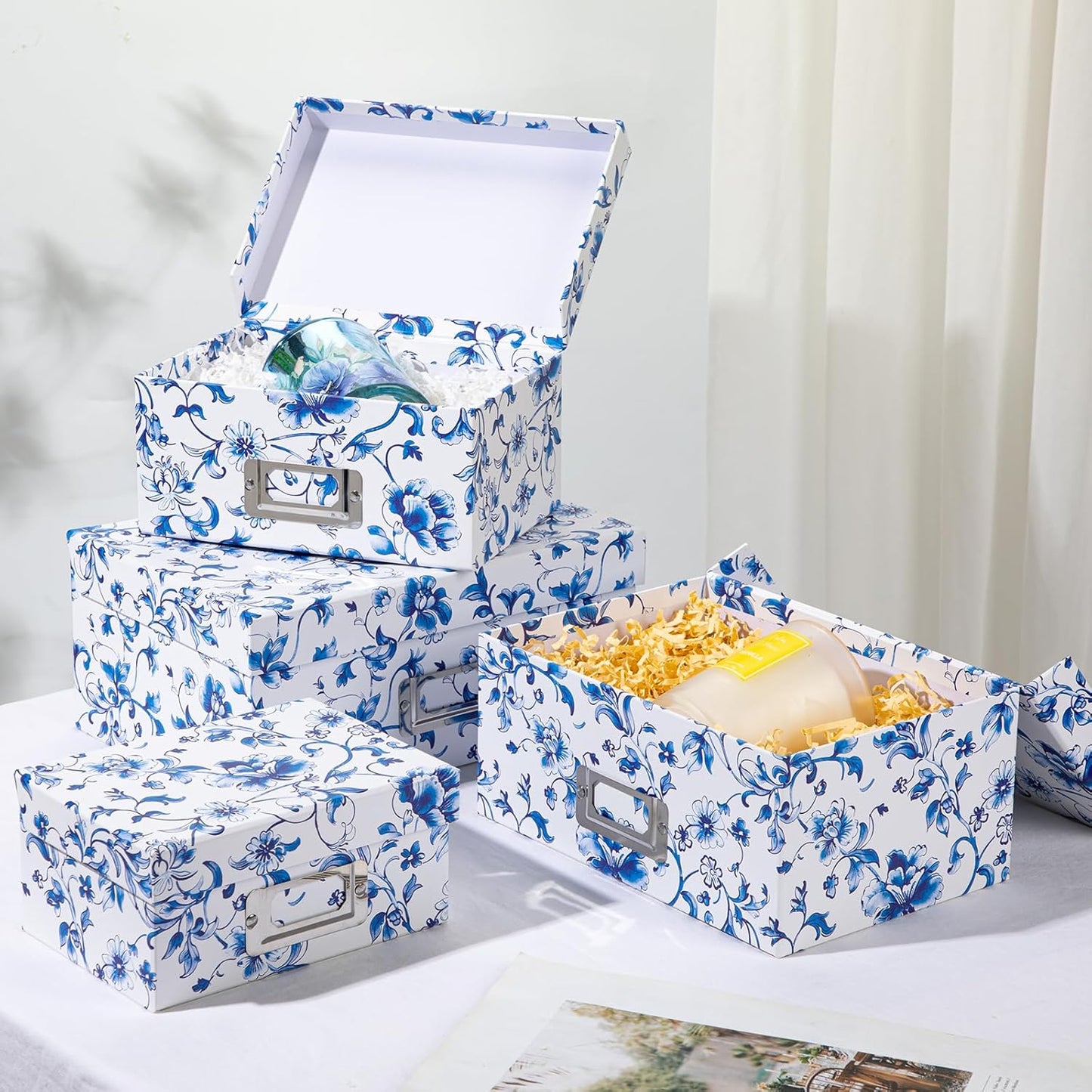 Briful Decorative Photo Storage Boxes with Lids, Set of 4 – Blue and White Porcelain Pattern, Nested Card Storage Box Organizer, Decorative Paperboard Box for Closet, Office, Gifts,Cosmetic,Books