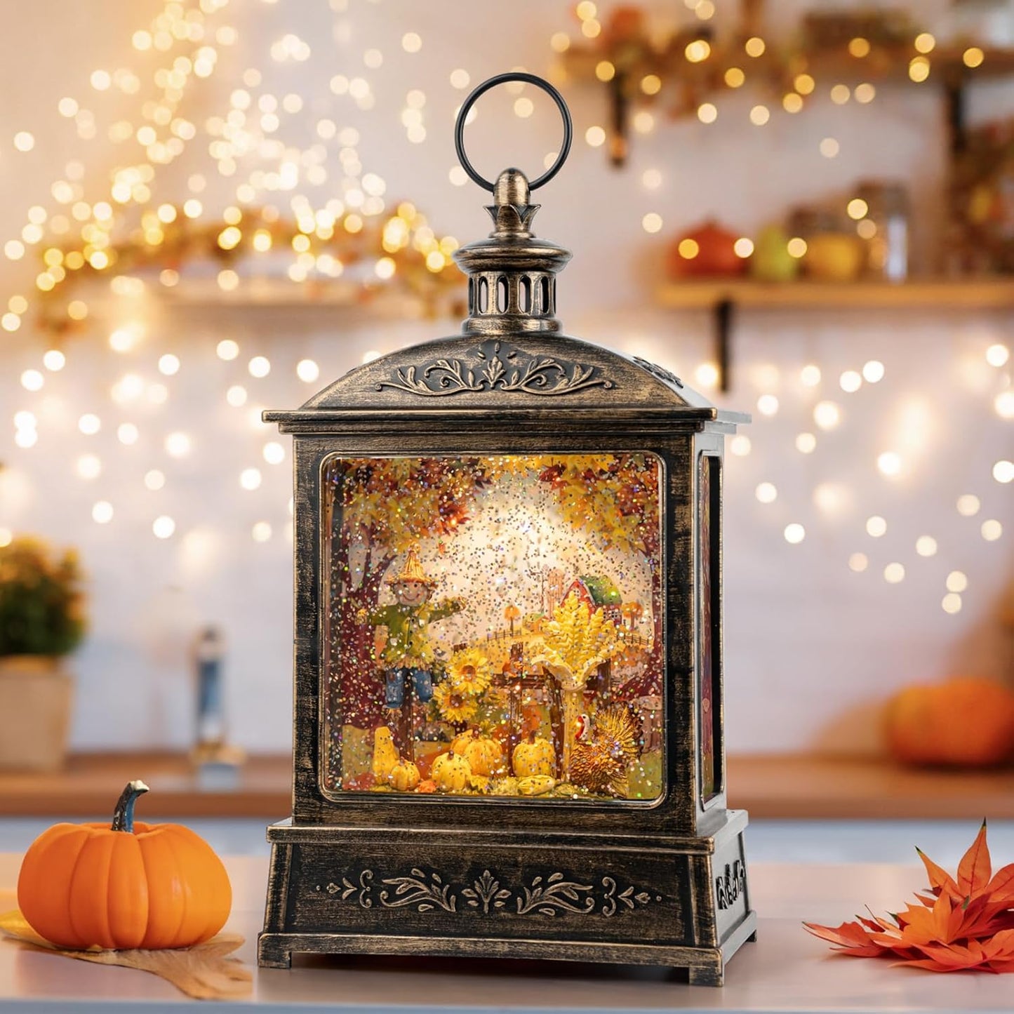 12.5'' Fall Snow Globe Lantern - Thanksgiving Glittering Lighted Lantern, Fall Decorations Autumn Harvest Day Gifts, Home Fall Halloween Decor (Scarecrow &Turkey)