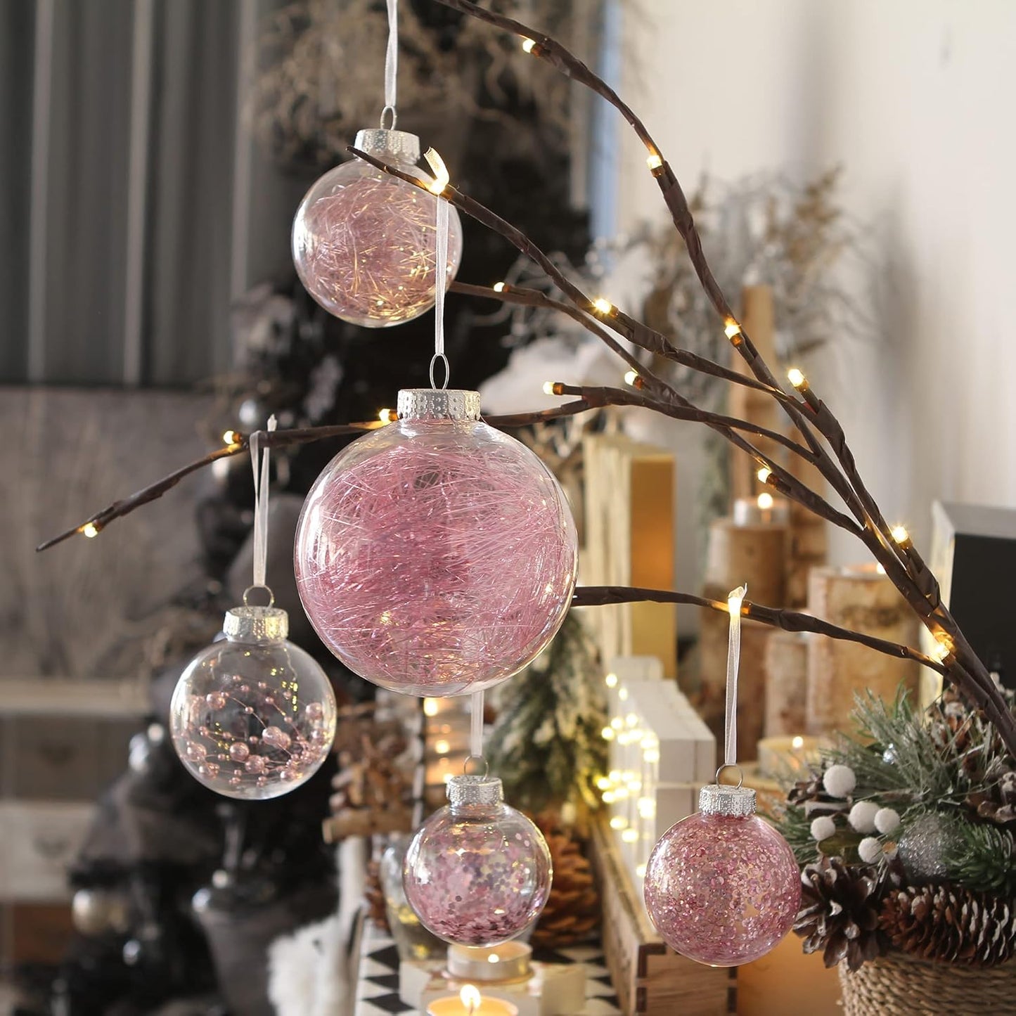 Sea Team Christmas Baubles Set of 48 Shatterproof Clear Plastic Christmas Baubles Multi-Size Decorative Baubles with Stuffed Delicate Decorations (48 Pieces, Pink)