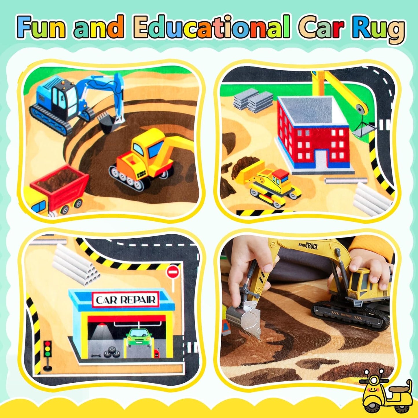 Kids 3x5 Ft Construction Site Play Rug, Baby Play Mat, Tufted Wool & Rubber, Non-Slip, Stain & Fade Resistant, Machine Washable, Rustic Cartoon Construction Site Pattern