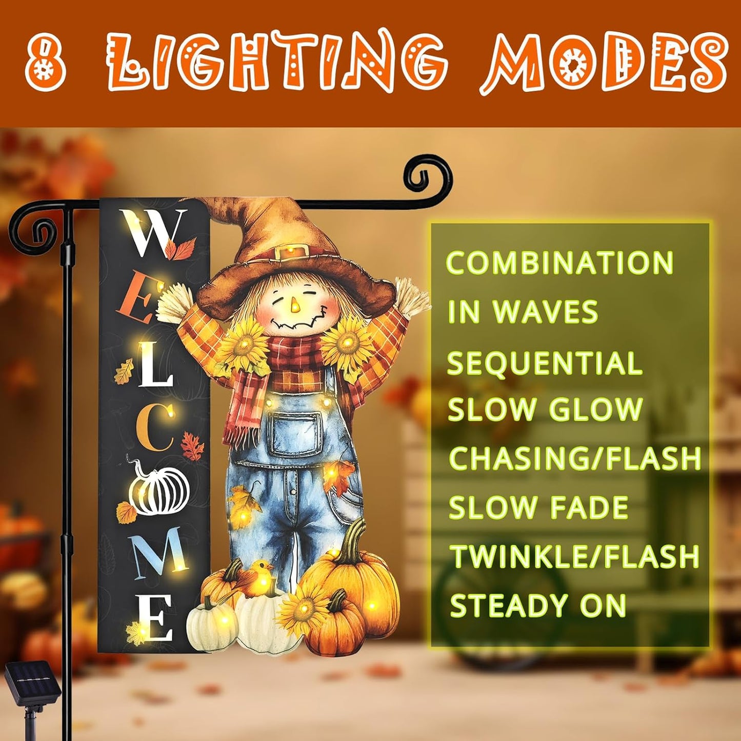 Thanksgiving Lighted Garden Flag, Solar Fall Outdoor Decor Yard Flag,8 Modes Led Scarecrow Flag,28x40 Double Sided Maple Leaf Pumpkin Bird Decorations for Home Porch