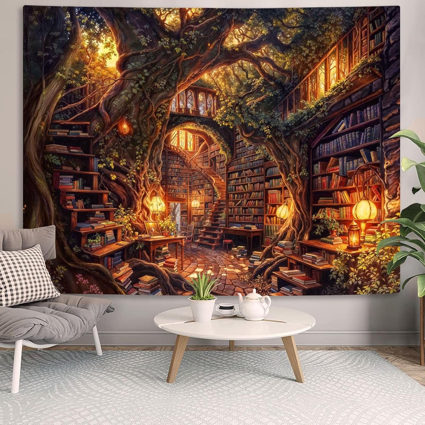 Accnicc Forest Library Tapestry Tree Bookshelf Tapestries Wall Hanging Vintage Fantasy Fairy Treehouse Book Large Tapestry for Bedroom Living Room Dorm Classroom 60 x 44 inch