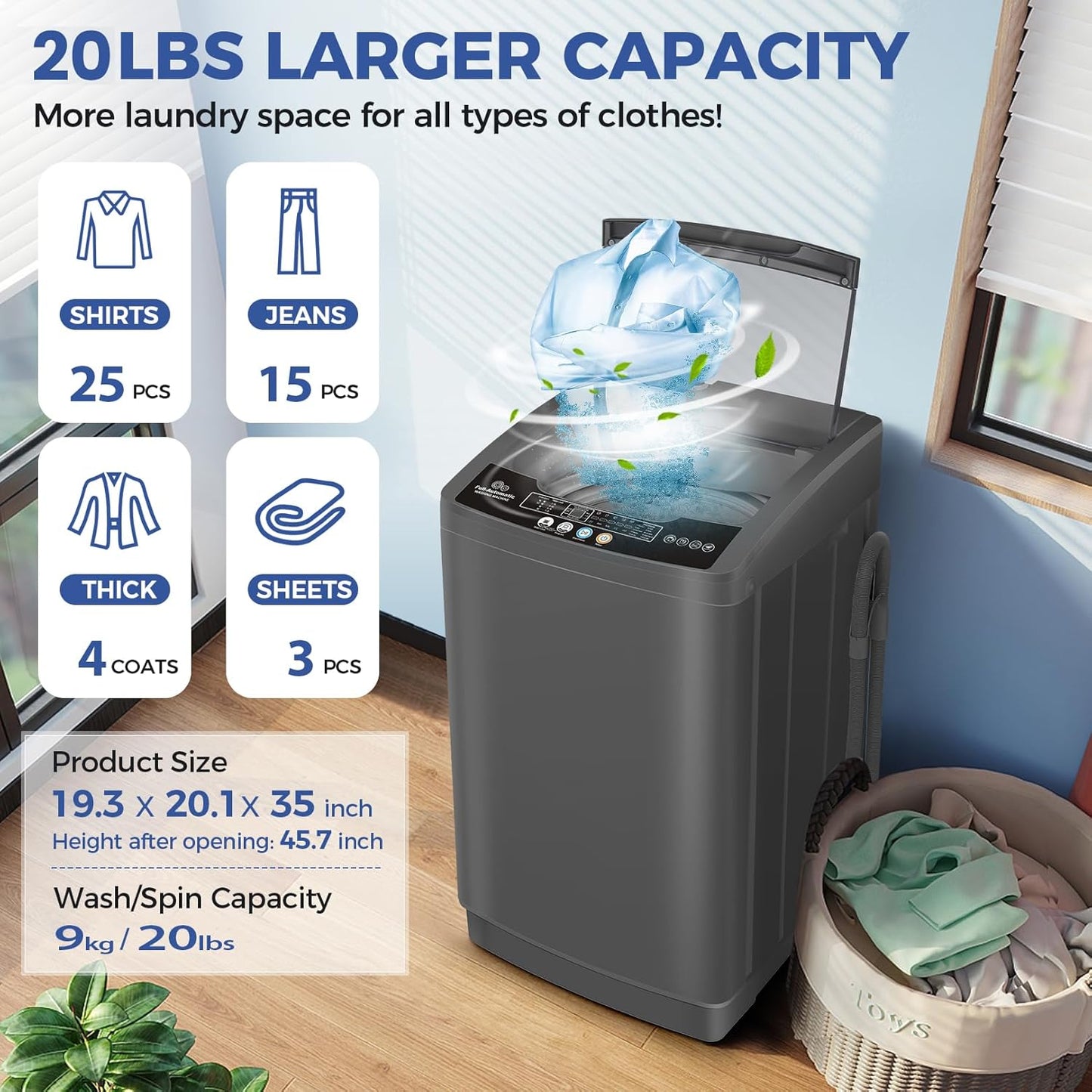 Nictemaw Portable Washing Machine, 20Lbs Capacity Full-Automatic Portable Washer Machine, 2.8Cu.ft Washer and Dryer Combo with with Drain Pump, 10 Programs 8 Water Levels for Apartment, Dorms, RV
