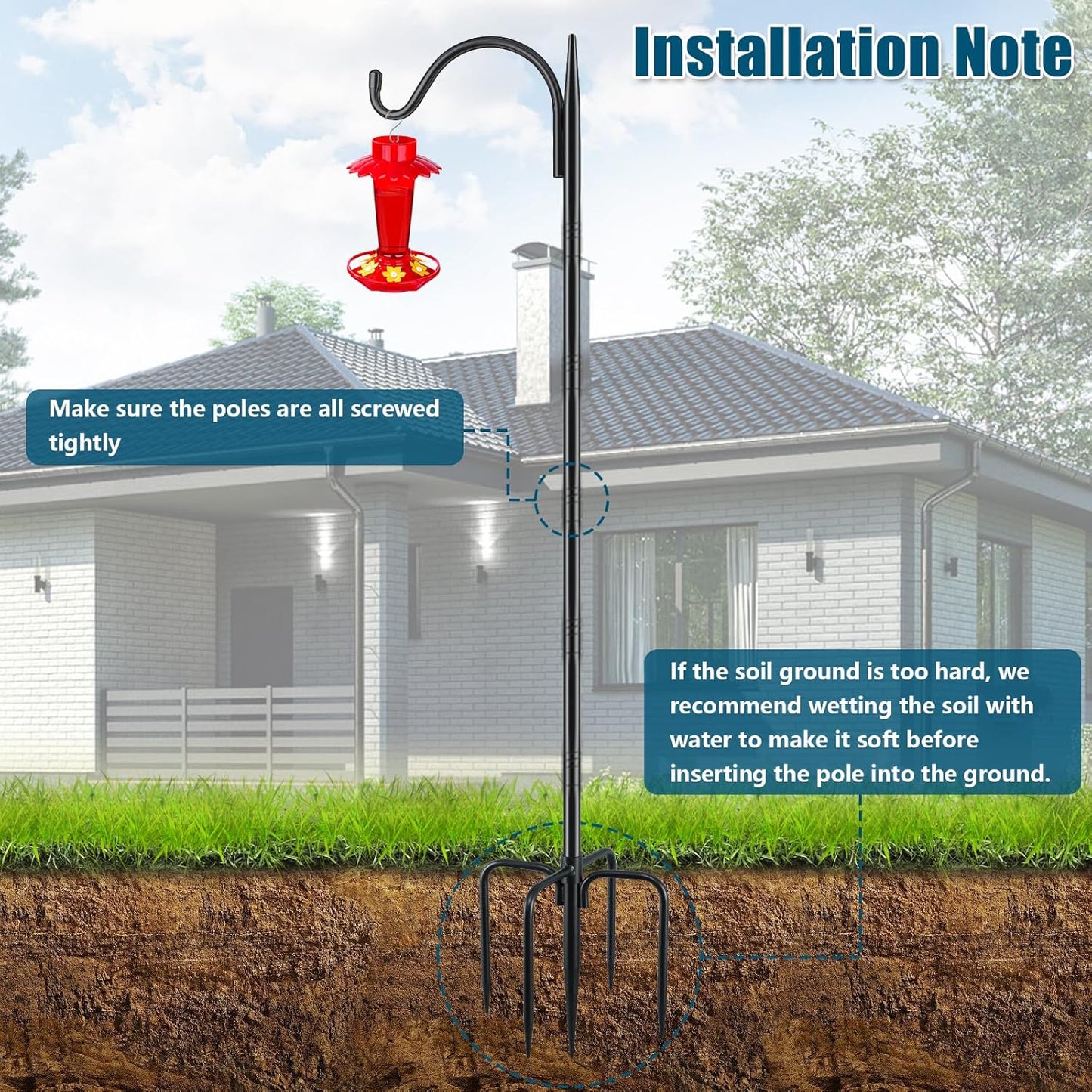 Gtongoko 63 Inch Shepherds Hooks for Outdoor with 5 Prongs Base, Adjustable Bird Feeder Pole Garden Hooks for Hanging Lanterns, Plants Baskets, Hummingbird Feeders, 1 Pack