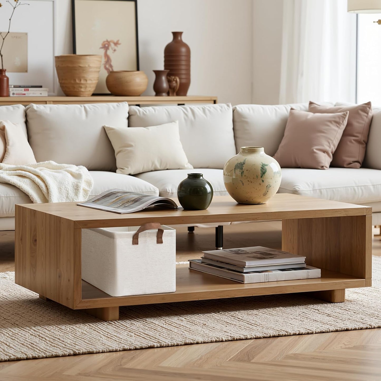 StorageWorks Storage Bins, Shelves Baskets for Organizing, Large Fabric Closet Organizers with Handles, Metal Frame, Beige（Cotton-linen）, 2-Pack