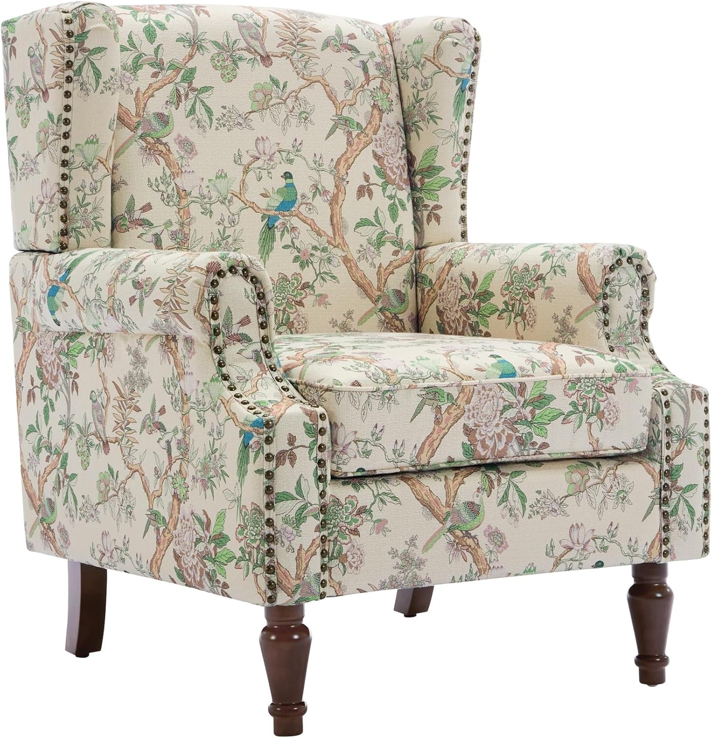 UIXE High Back Floral Accent Chair, Fabric Upholstered Armchair for Living Room, Retro Wingback Arm Chair with Solid Wood Legs, Nailhead Trim Single Sofa Bedroom Reading Seat - Bird Pattern