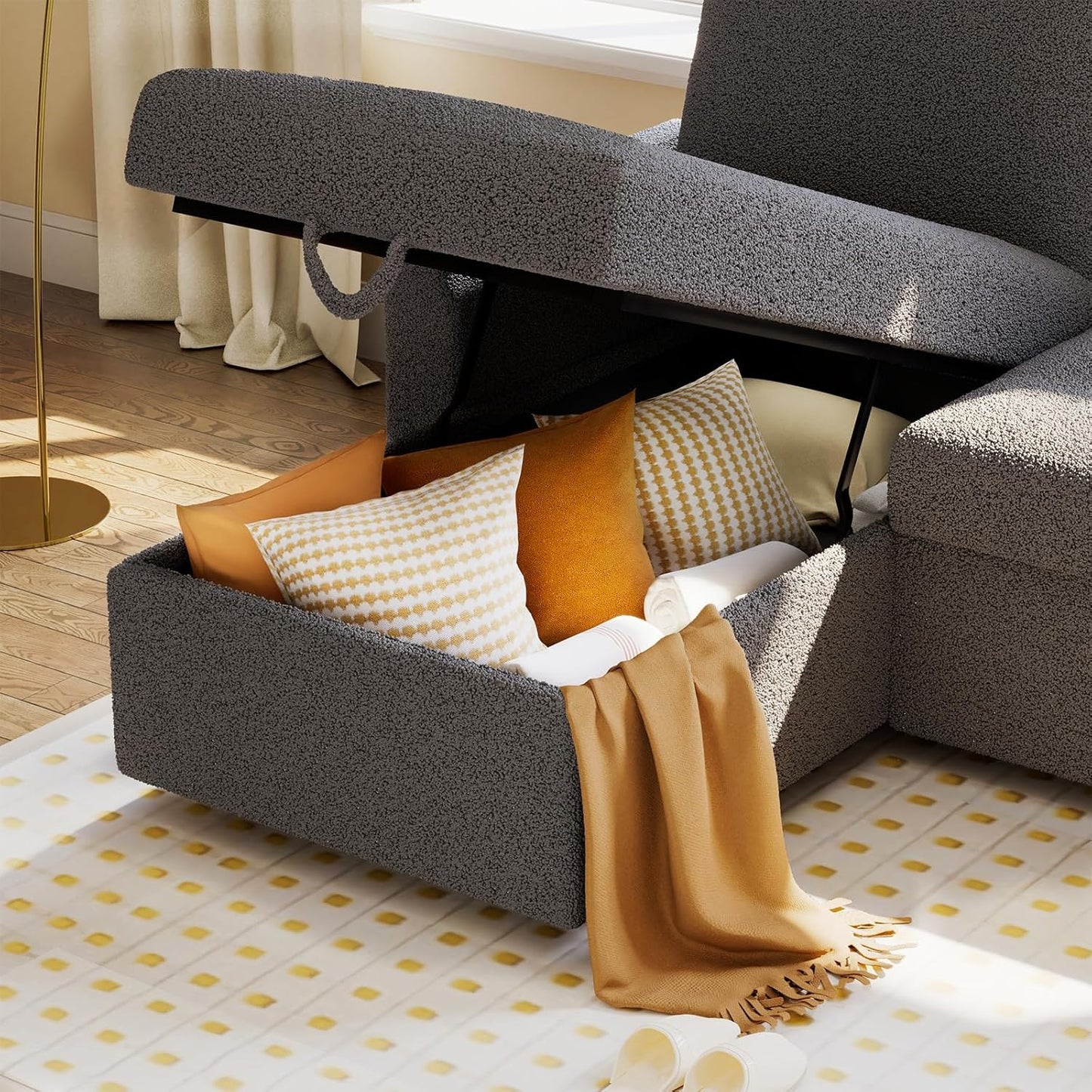 VanAcc Sofa Bed, Sleeper Sofa with Storage Chaise- 2 in 1 Pull Out Couch Living Room, Comfy Sleeper Couch, Grey Boucle