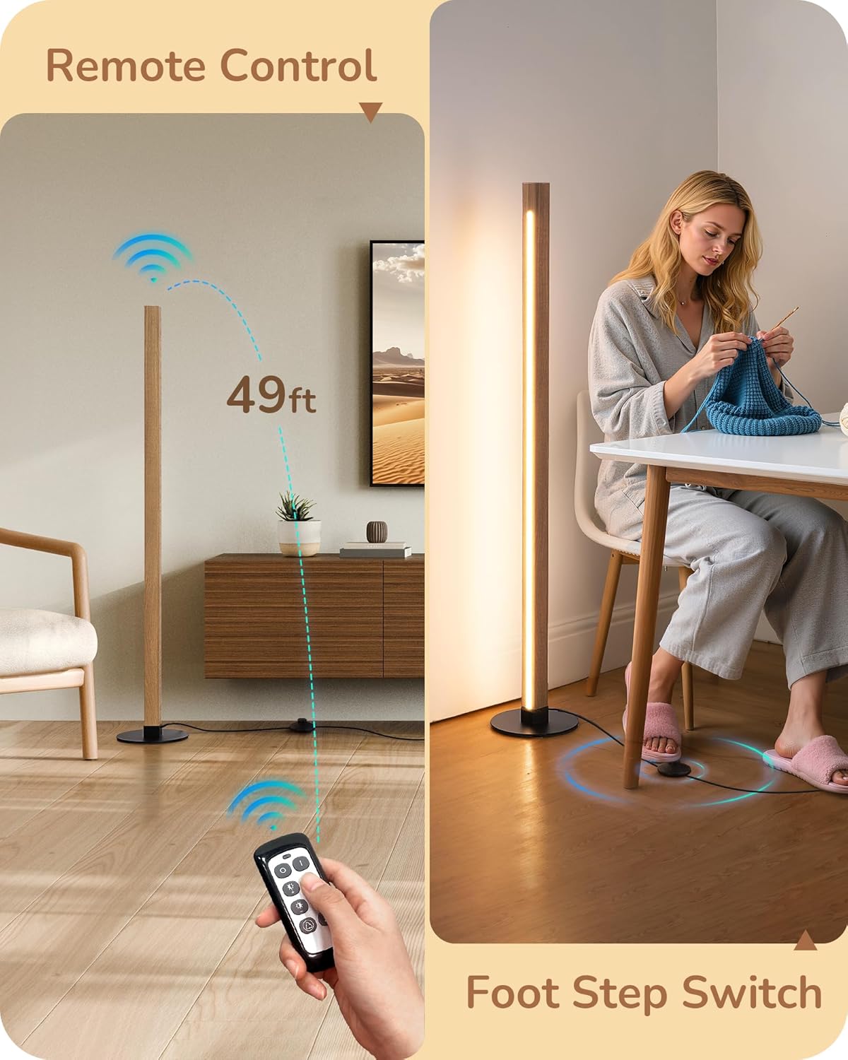 EDISHINE Corner Floor Lamp, Upgraded Dual-Sided Lighting, Wooden Floor Lamps for Living Room, Standing Lamp with Remote/Foot Control, 7CCT & Dimmable Floor Lamp for Bedroom, Office, Natural Wood