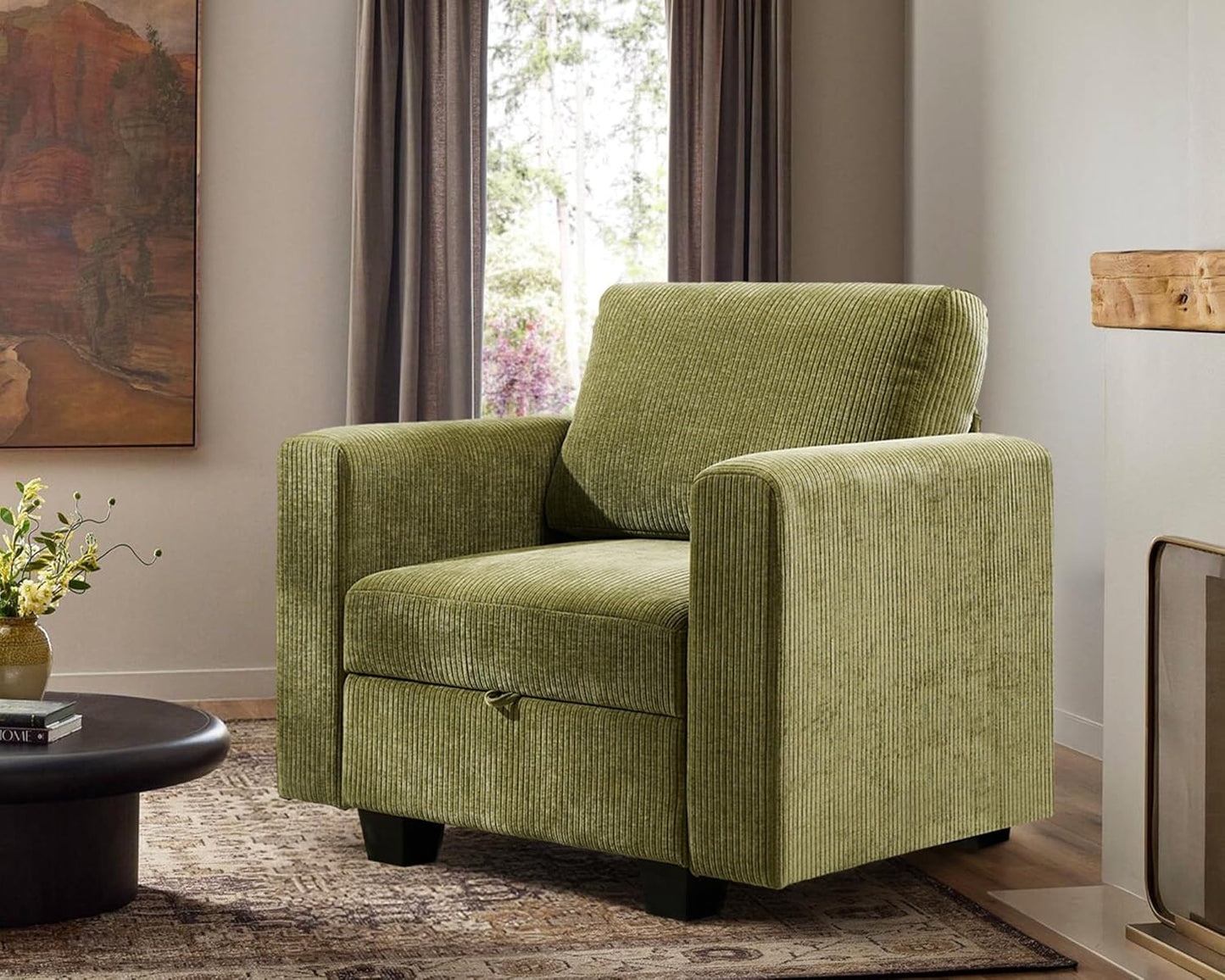38.5 Oversized Accent Chair with Storage Green Corduroy, Single Modern Accent Sofa Chair with Arms for Apartment Living Room (21" Deep Seat)