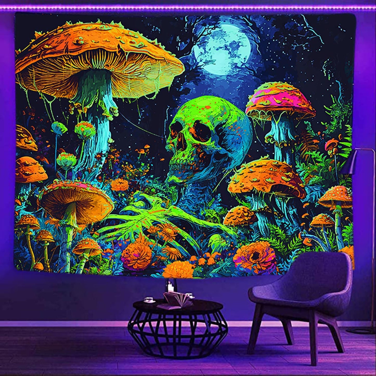 Xiaoput Blacklight Skull Wall Art, UV Reactive Neon Gothic Tapestry for Men, Glow in Dark Trippy Forest Wall Hanging for Home Decor, 90x70IN