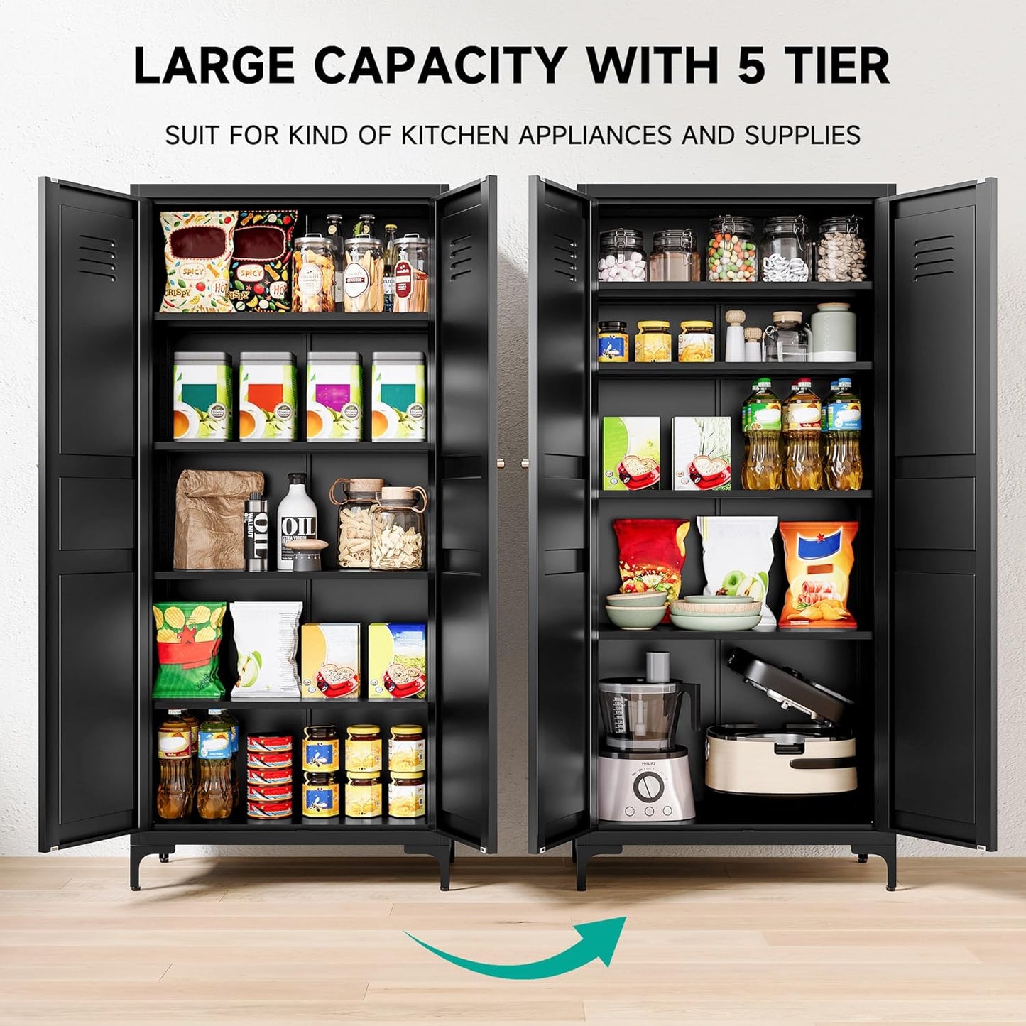 Metal Storage Cabinet with Doors and Shelves,Black Storage Cabinet with Leg,Metal Pantry Cabinets,Ventilated Pantry Closet,Tall Large Cupboard for Home,Kitchen,Dining/Living/Laundry Room