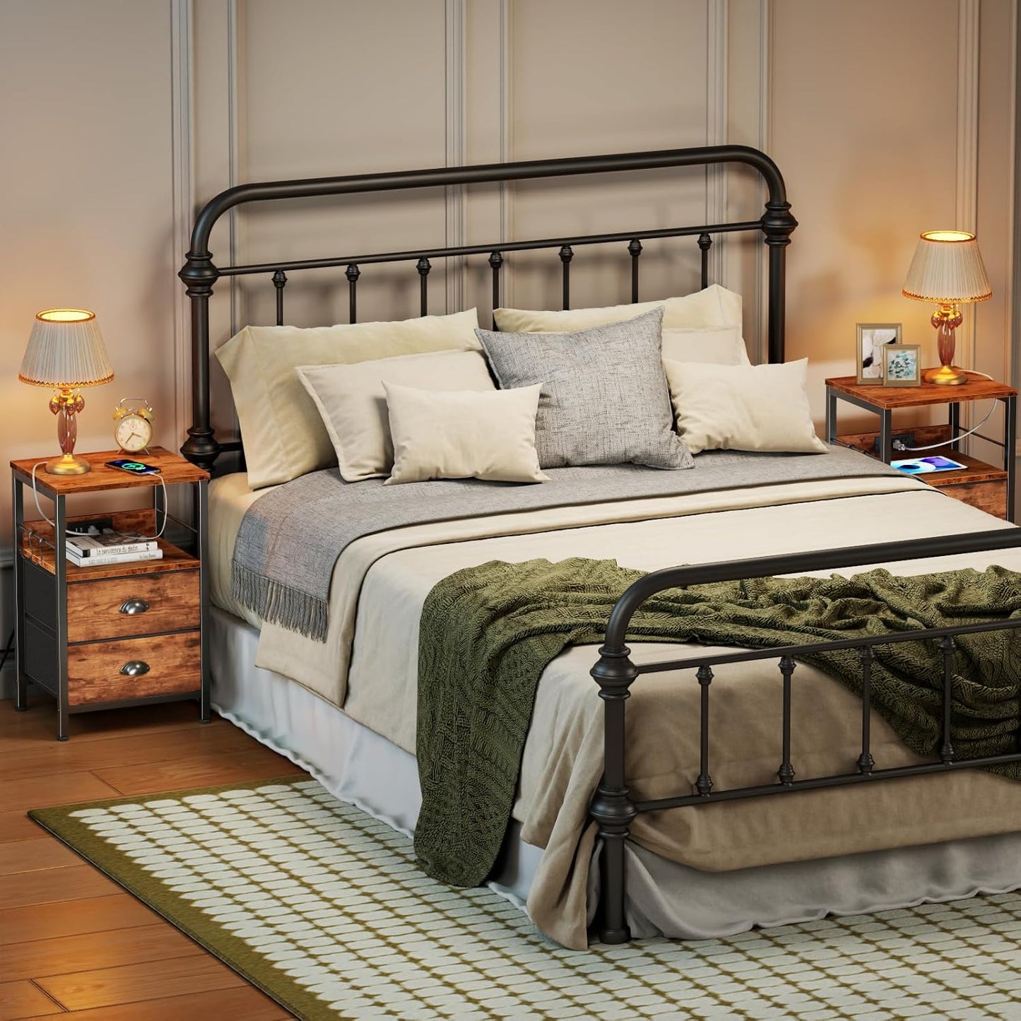 Furologee Nightstand Set of 2, Rustic Brown, with Charging Station and USB Ports, Side Tables with 2 Fabric Drawers, Bedside Tables with Storage Shelf & Hooks, for Living Room/Bedroom