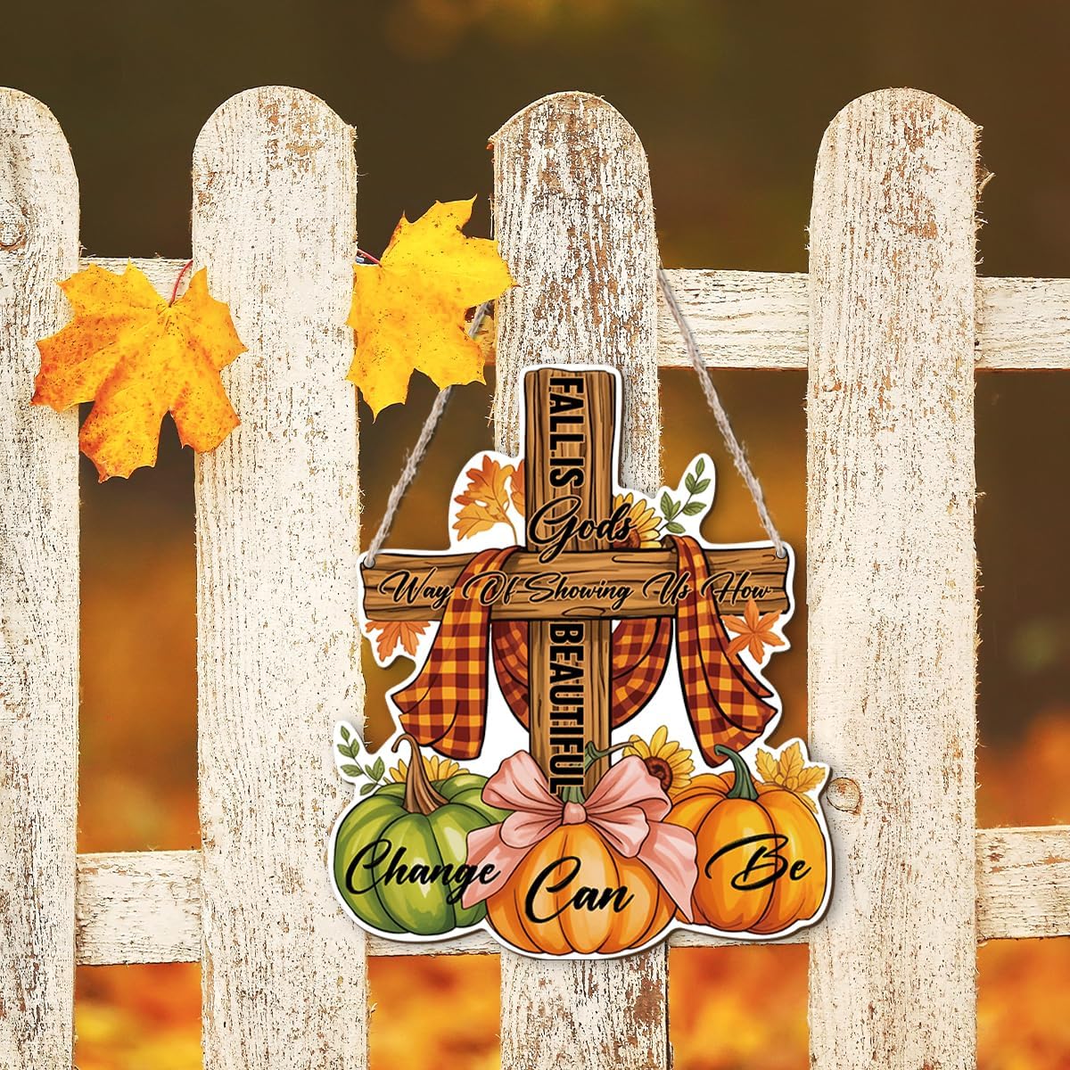 Christian Home Autumn Decor "Fall is Gods way of Showing us How Beautiful Change can Be" Sign for Thanksgiving Decorating, Home Interior And Exterior Decor, Autumn Harvest Thanksgiving Decors