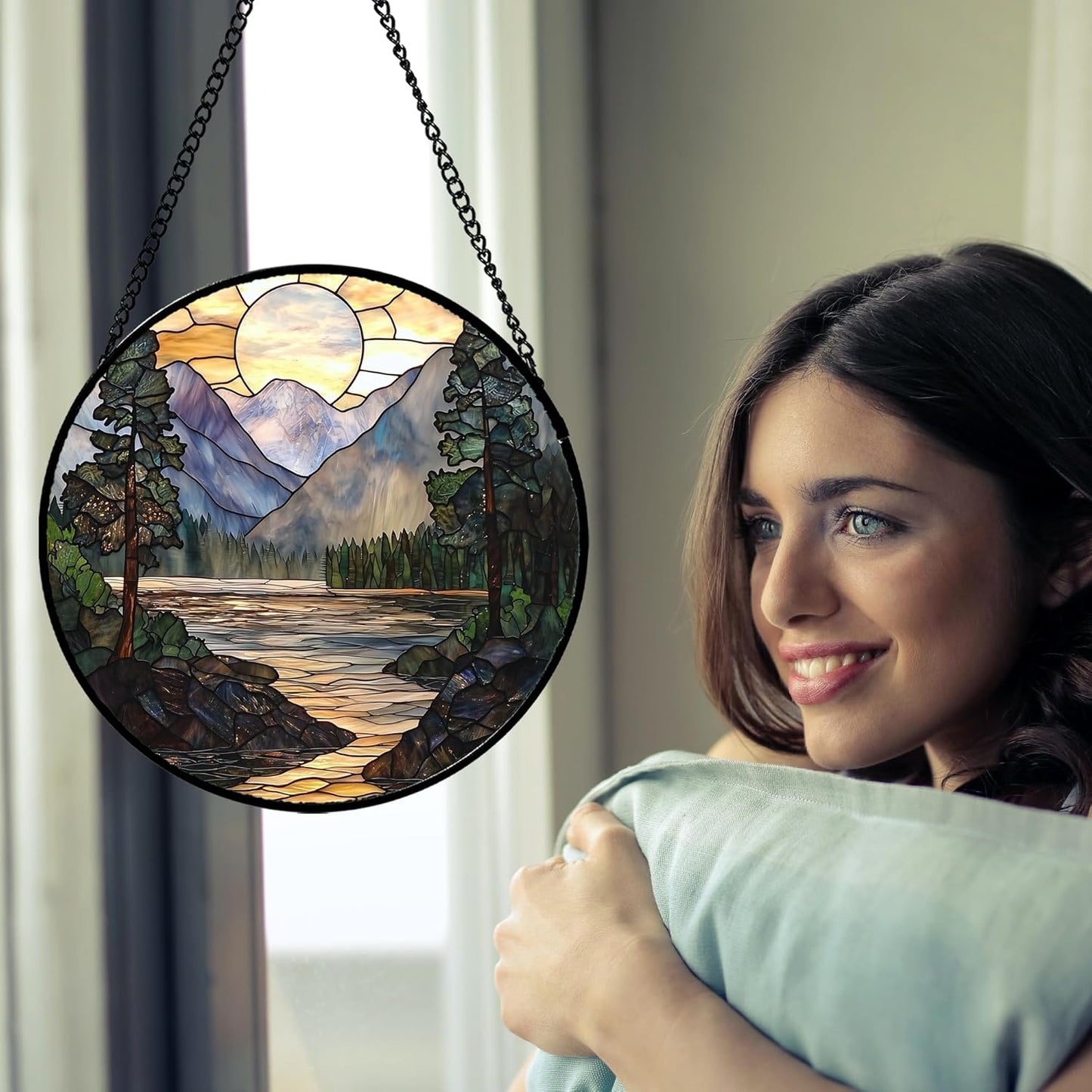 Stained Glass Window Hanging, Sunset Mountains Lake Tree Sun Catcher for Window Home Decor Landscape Suncatcher Mother's Day Birthday Gifts for Women Men Mom and Nana 15 in