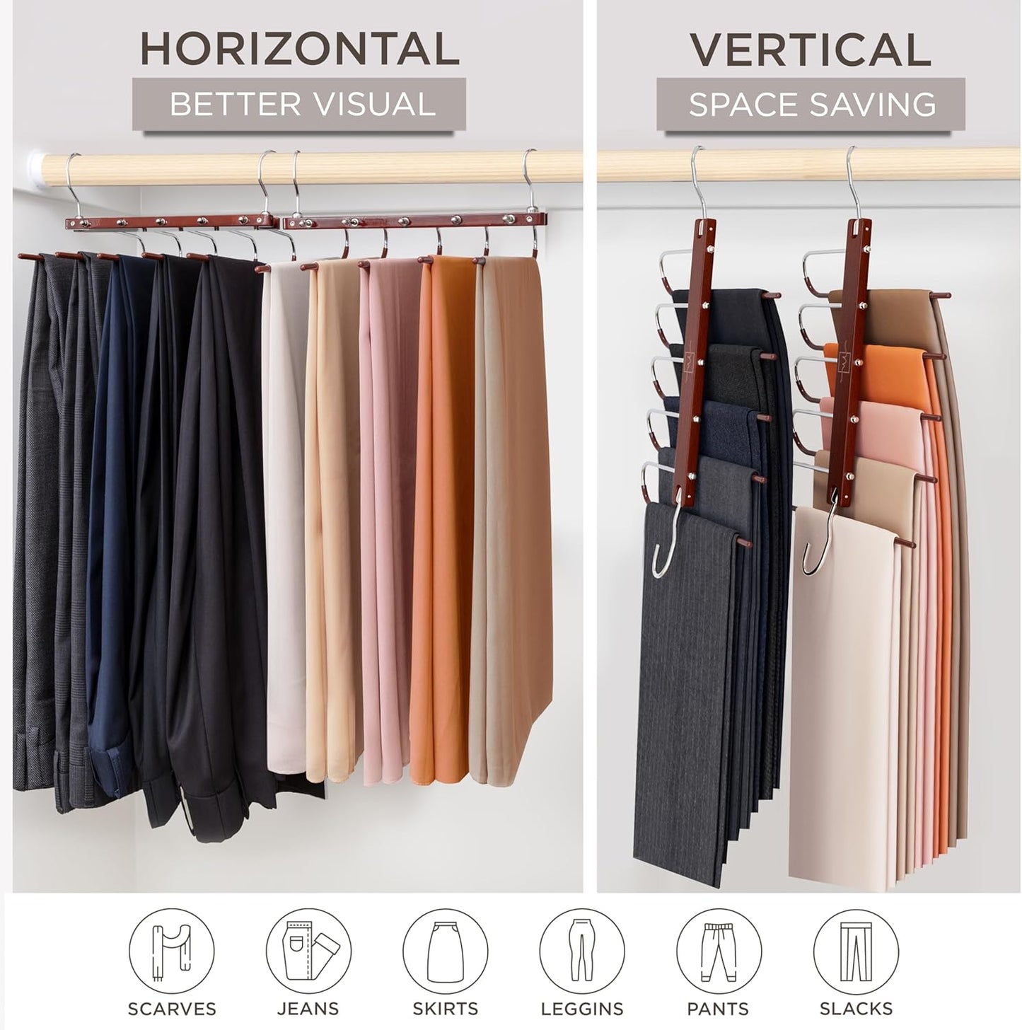 MORALVE Pants Hangers Space Saving - European Beechwood Scarf and Jean Hangers - Closet Organizer and Space Saver Pant Rack, Leggings Hanger, and Scarf Holder with 360° Swivel Hook (1 Pack)