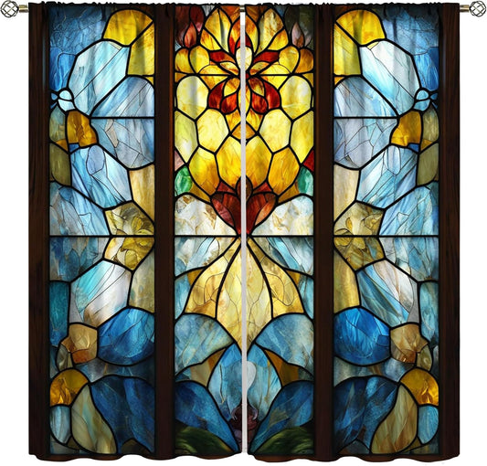Stained Glass Curtains,Retro Abstract Colorful Art Home Decor Drapes for Bedroom Living Room Kitchen Window Treatment 2 Panels Set Total Size 63" W X 72" L Inch