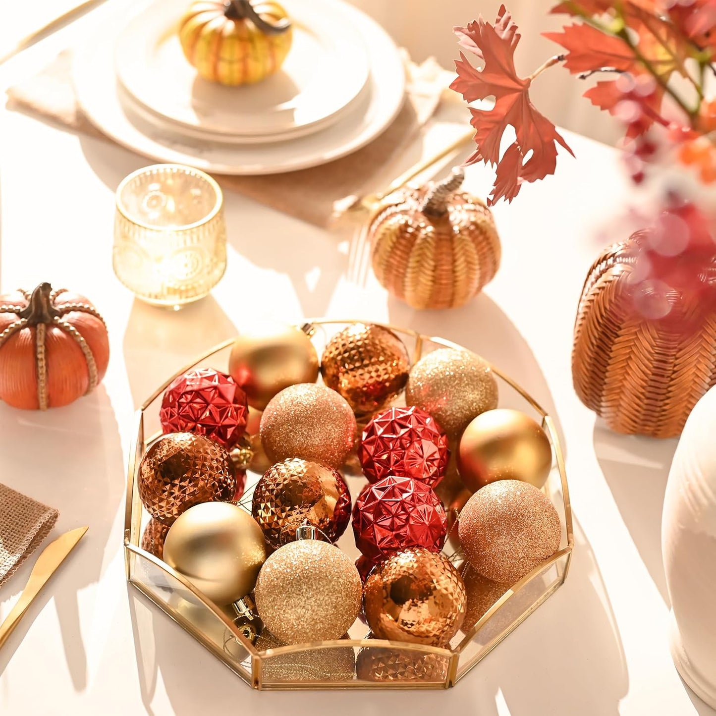 Valery Madelyn Christmas Tree Decorations Ornament Set for Fall Halloween, 50ct 2 Inches Red and Brown Shatterproof Christmas Ball Ornaments Hanging Xmas Holiday Party Decor