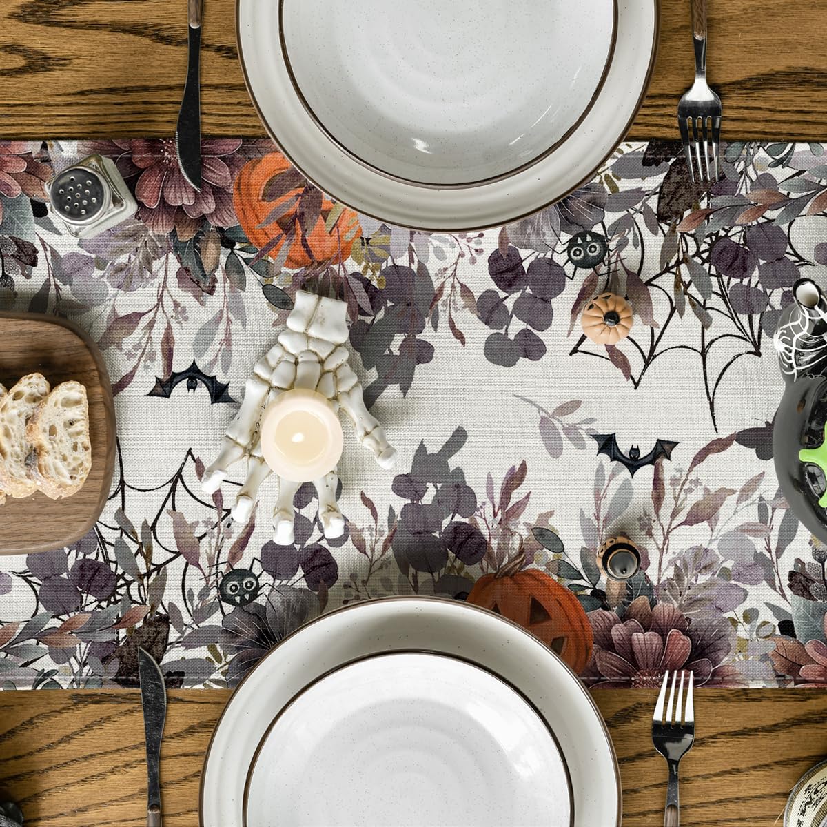 Artoid Mode Jack-O'-Lantern Pumpkin Floral Ghost Halloween Table Runner, Eucalyptus Kitchen Dining Table Decoration for Home Party Decor 13x108 Inch