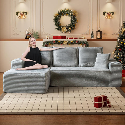 HYJT-H&K Modular Sectional Sofa Cloud Couch, 107" Comfy L Shaped Sectional Couches for Living Room, Deep Seat Memory Foam Plush Fluffy Corduroy Boneless Couch Sectionals Left Facing Sofa Chaise Grey