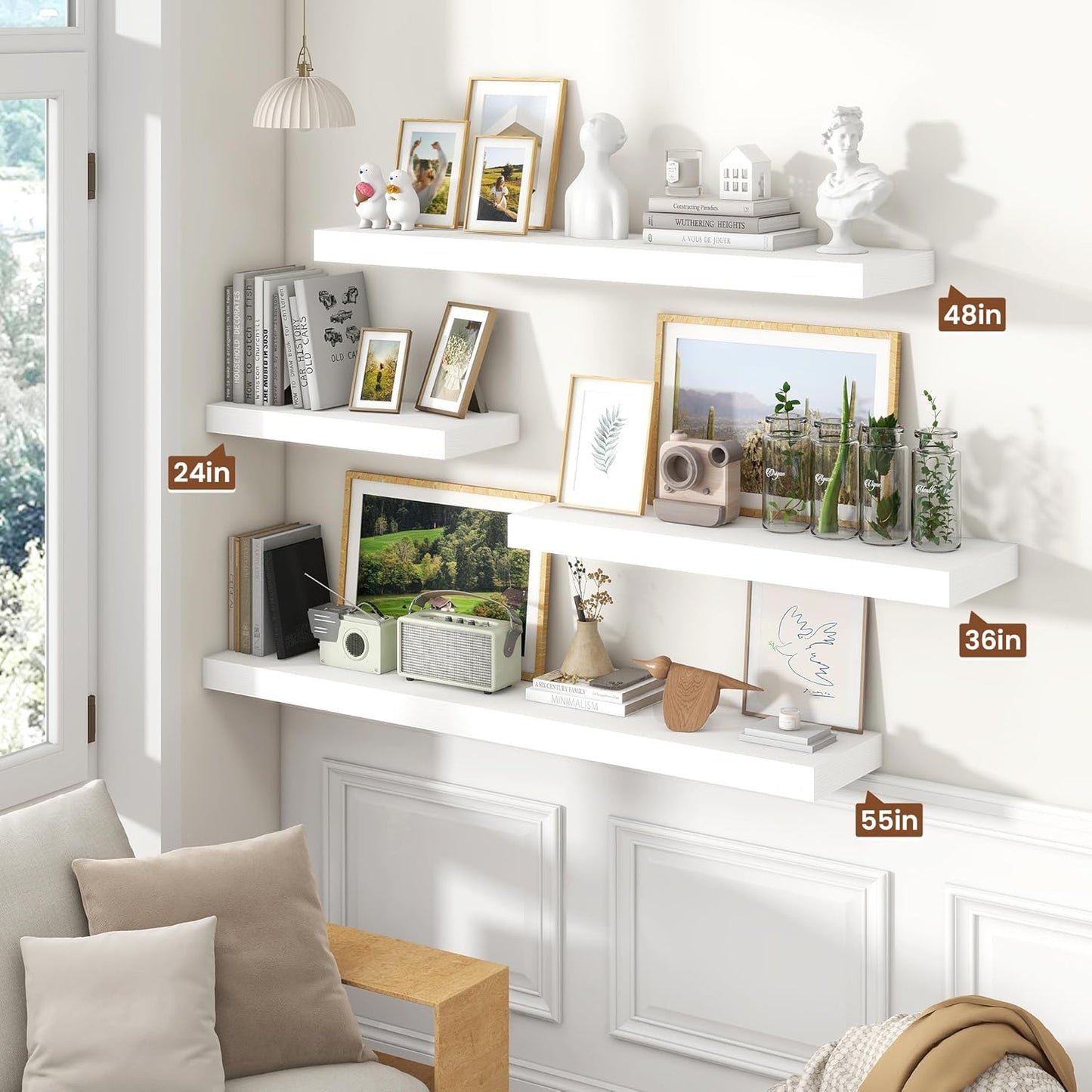 Heimlove 36 Inch White Floating Shelves for Wall,10 Inch Deep Wood Shelves with Invisible Brackets,Wall Mounted Storage & Display Shelves for Bedroom,Living Room,Kitchen,Office