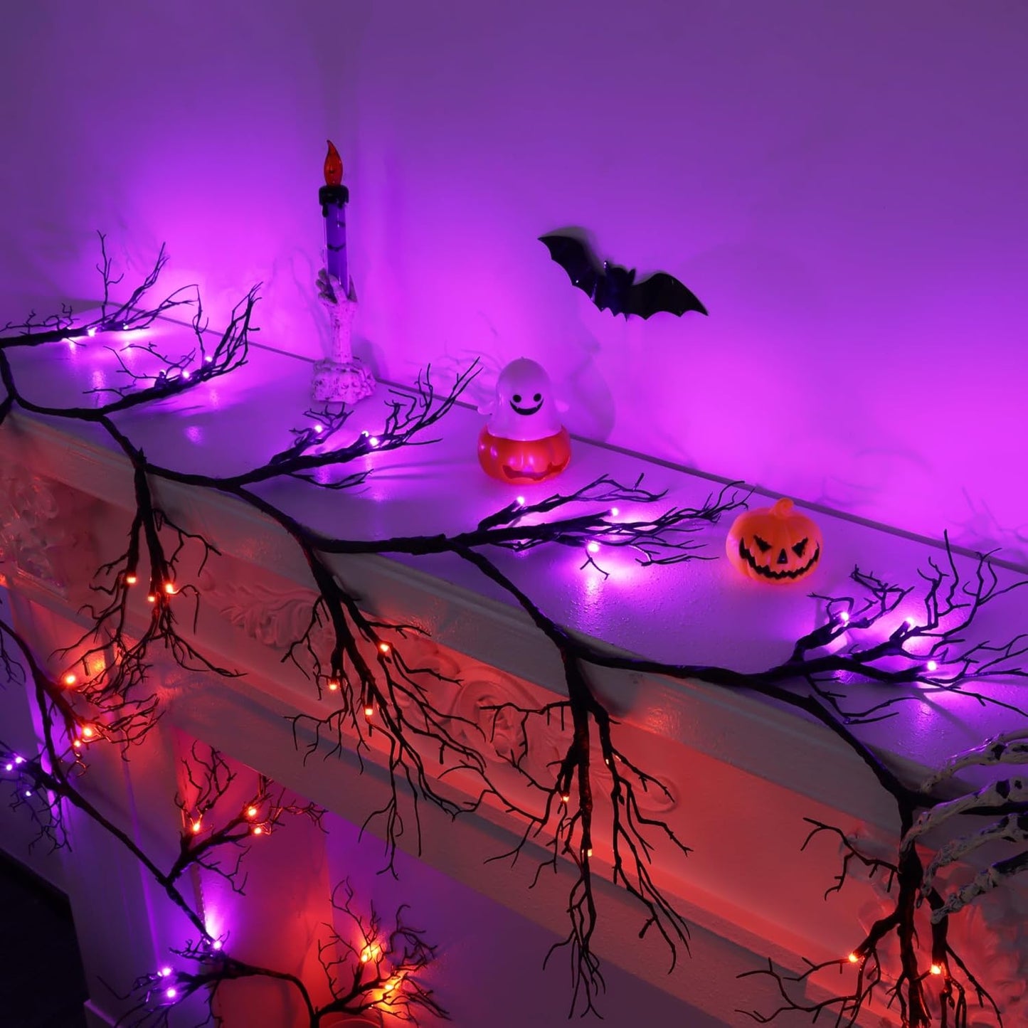 9 FT 66 LED Willow Vine Twig Decor Black Halloween Garland with Orange Purple Lights, Timer 8 Modes Waterproof Battery Operated Indoor Halloween Decorations for Wall Fireplace Mantle Home Office Decor