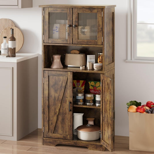 GarveeHome 54in Tall Bathroom Cabinet, Farmhouse Storage Cabinet with Glass Doors and Adjustable Shelves, Freestanding Kitchen Pantry Cabinets, Cupboard for Living Room, Dining Room, Rustic Brown