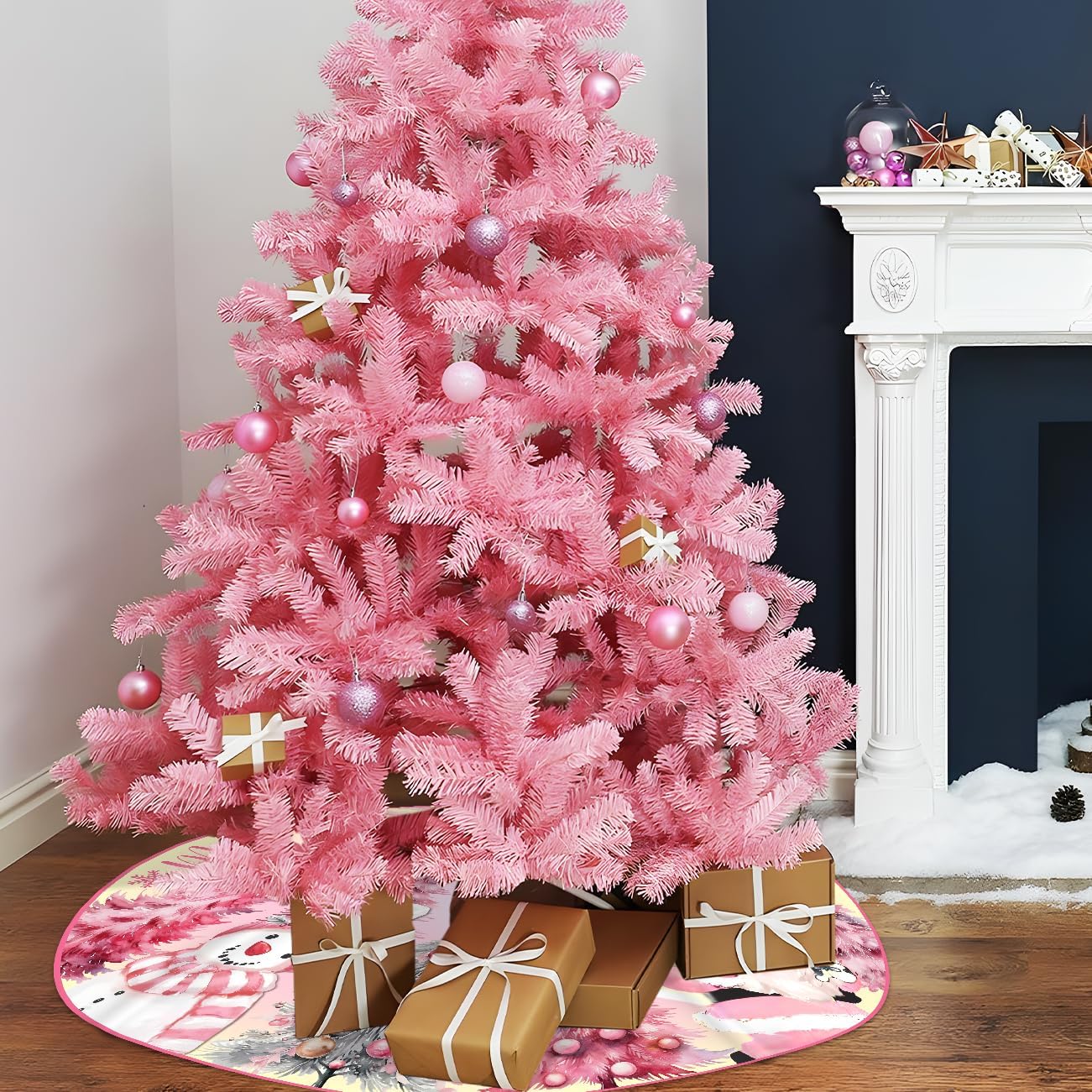 Pink Christmas Tree Skirt 48 Inch Pink Christmas Decorations Merry Christmas Santa Snowman Tree Skirt Mat Christmas Tree Decorations for Xmas Holiday Party Indoor Outdoor