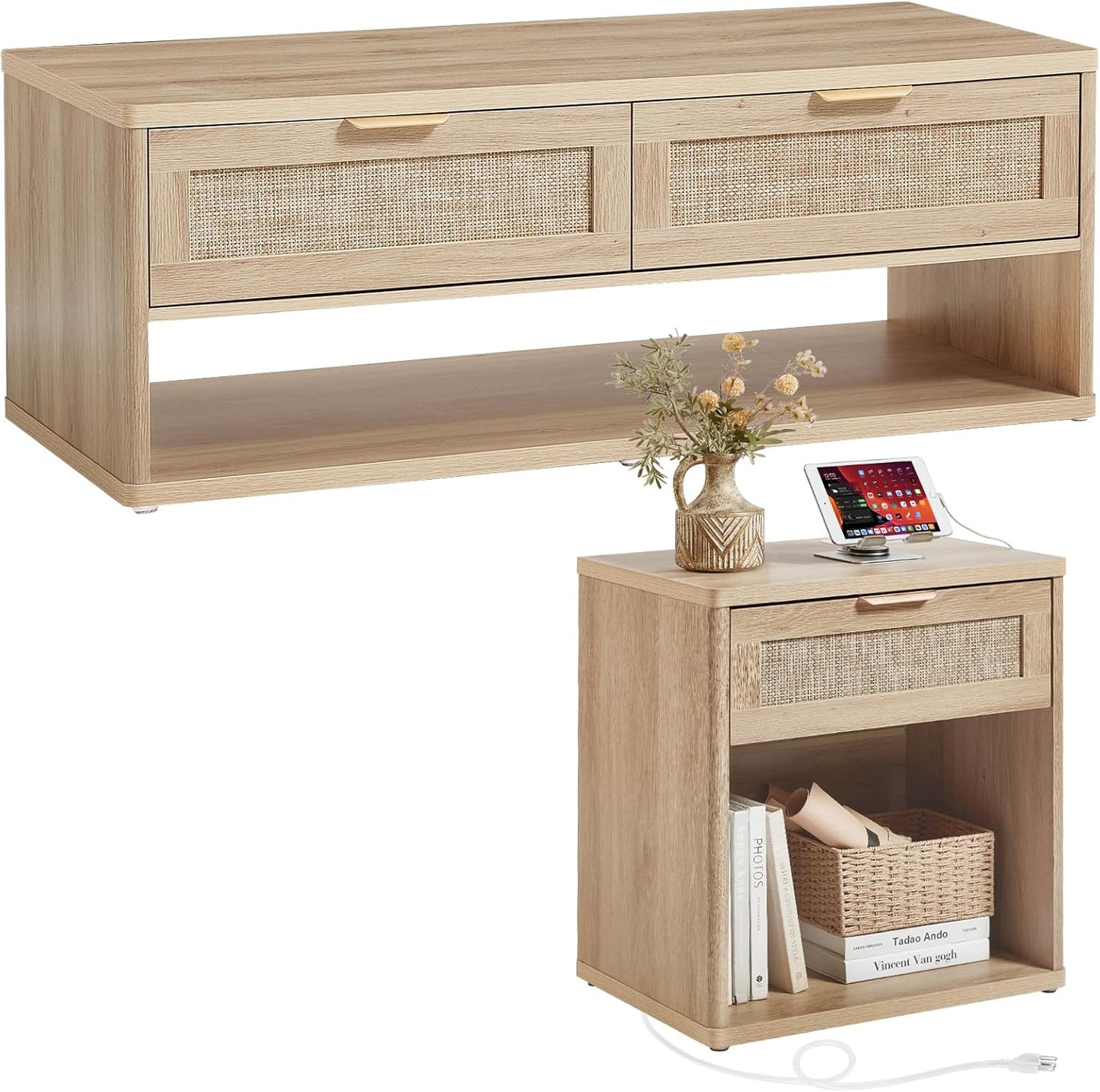 LEYAOYAO Boho Rattan Coffee Table Sets 2 Pieces, Nightstand with Charging Station and Coffee Table with Hidden Storage Compartment, Natural Living Room Table Set, Wood Furniture Sets for Home Office